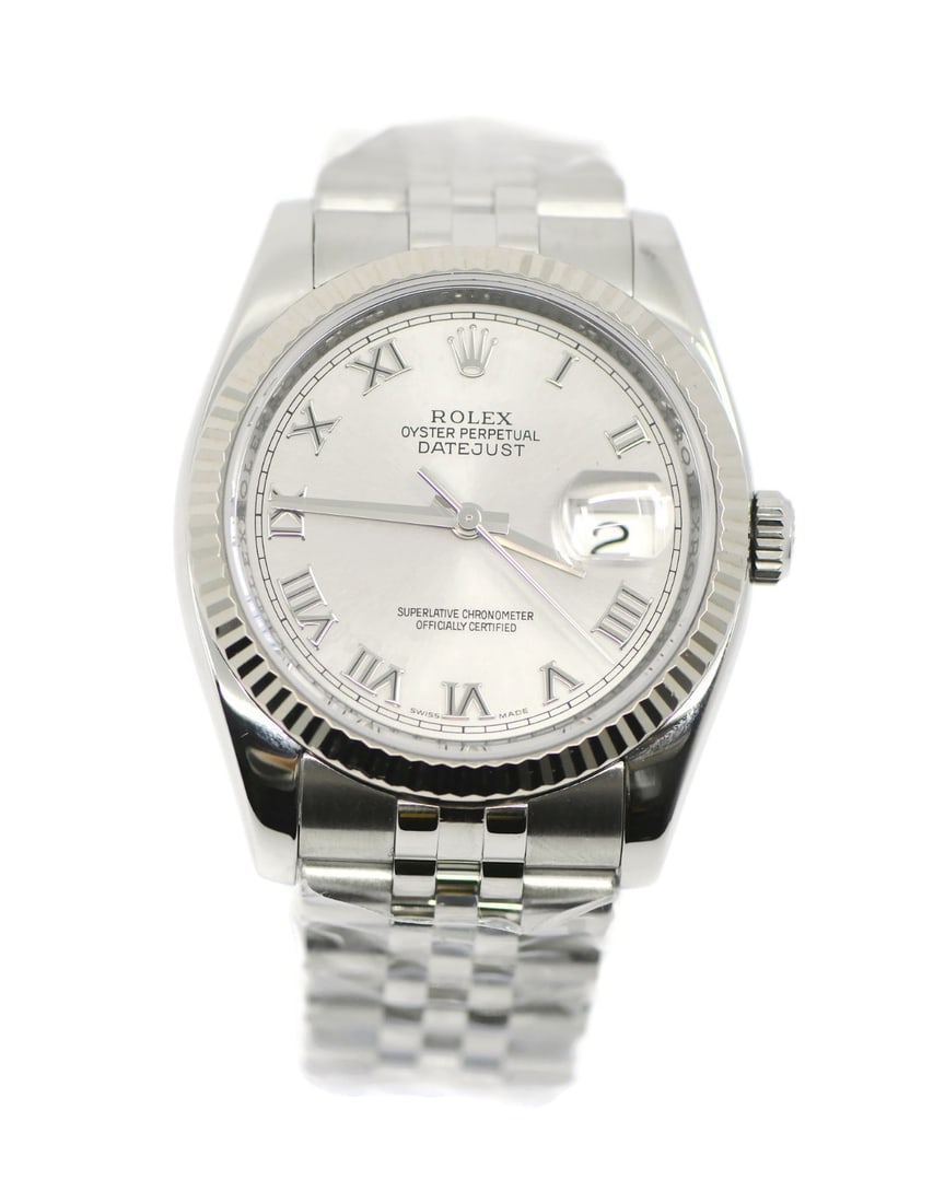 Rolex Datejust 36 mm Silver Dial Diamond Bezel Wristwatch Reference 116234: Rolex Datejust 36 mm Silver Dial Diamond Bezel Wristwatch Reference 116234 This pre-owned Rolex Datejust 36 wristwatch features a stainless steel case and band, complemented by a silver dial and a dia