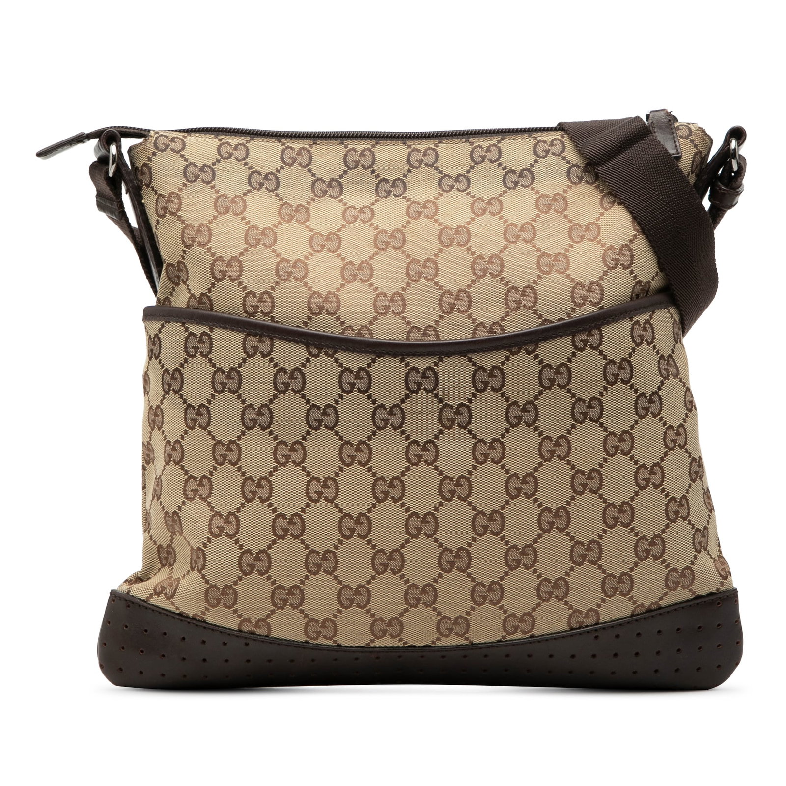 Beige GG Canvas Crossbody Bag with Perforated Leather Trim by Gucci: Beige GG Canvas Crossbody Bag with Perforated Leather Trim by Gucci This Gucci GG Canvas Crossbody bag features a canvas body with perforated leather trim, an adjustable flat strap, a top zip closure,