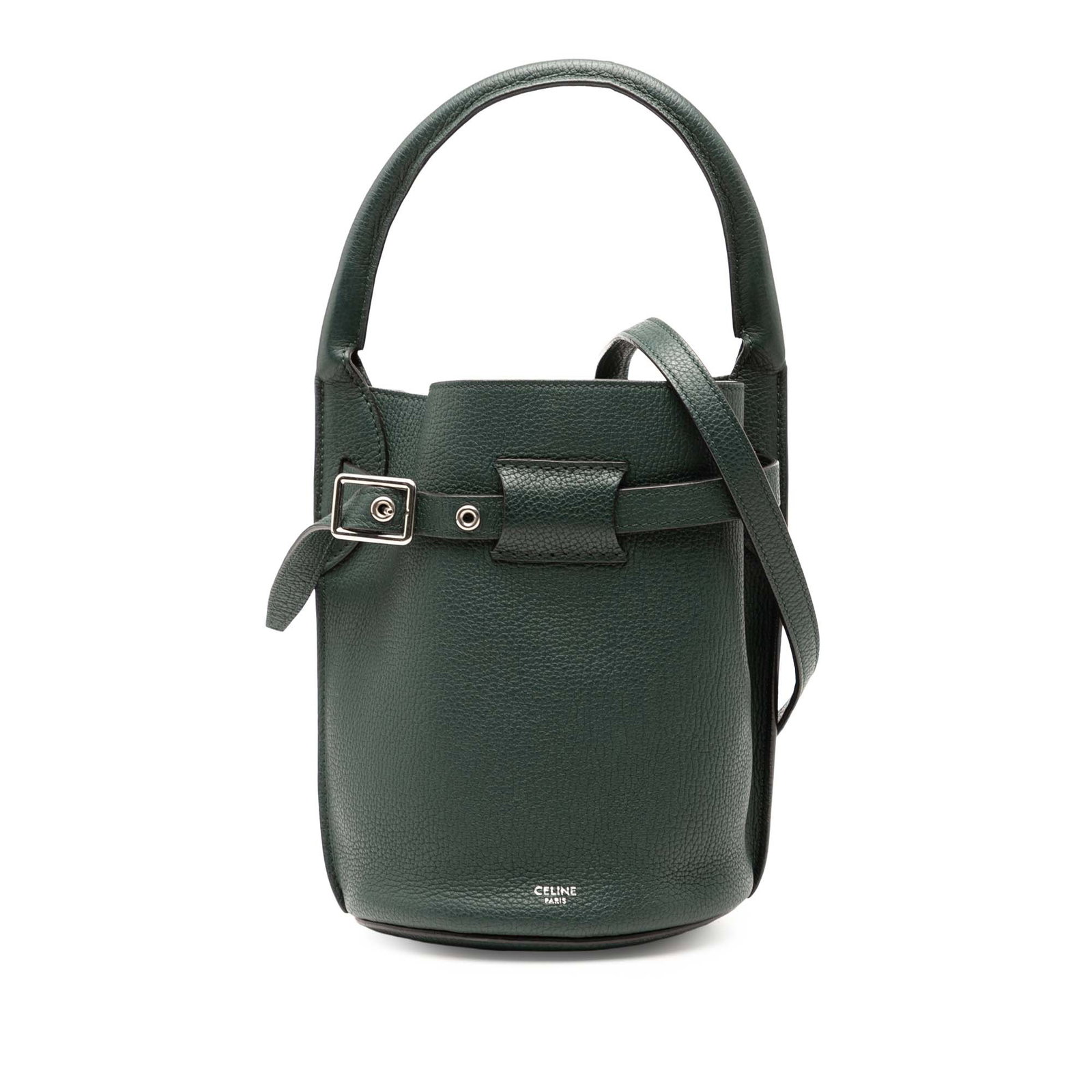 Celine Nano Green Leather Big Bucket Shoulder Bag with Handle: Celine Nano Green Leather Big Bucket Shoulder Bag with Handle This Celine Nano Leather Big Bucket Bag features a green leather body with a rolled leather handle and a detachable flat leather shoulder 