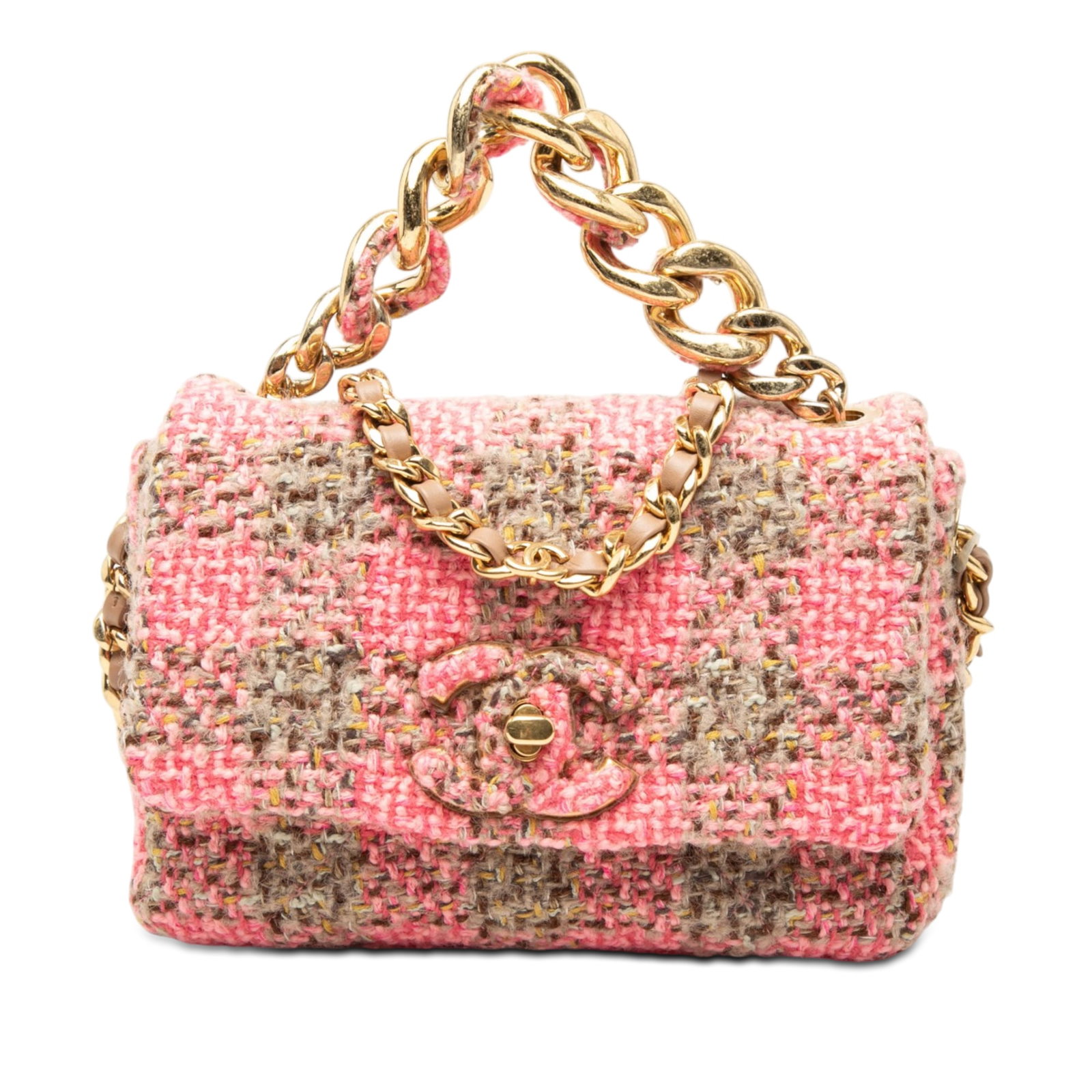 Chanel Elegant Chain Flap Small Pink Tweed Satchel: Chanel Elegant Chain Flap Small Pink Tweed Satchel This Chanel satchel features a tweed body in pink, a chain link handle, and a leather-woven chain strap. It is designed with a front flap and CC turn