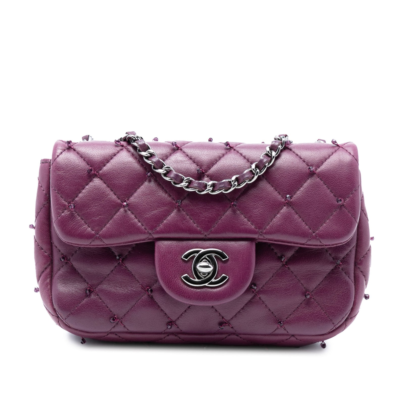 Chanel Extra Mini Rectangular Beaded Lambskin Crossbody Flap Bag: Chanel Extra Mini Rectangular Beaded Lambskin Crossbody Flap Bag This Chanel Extra Mini Rectangular Beaded Single Flap crossbody bag features a quilted lambskin leather body with a leather-woven chain