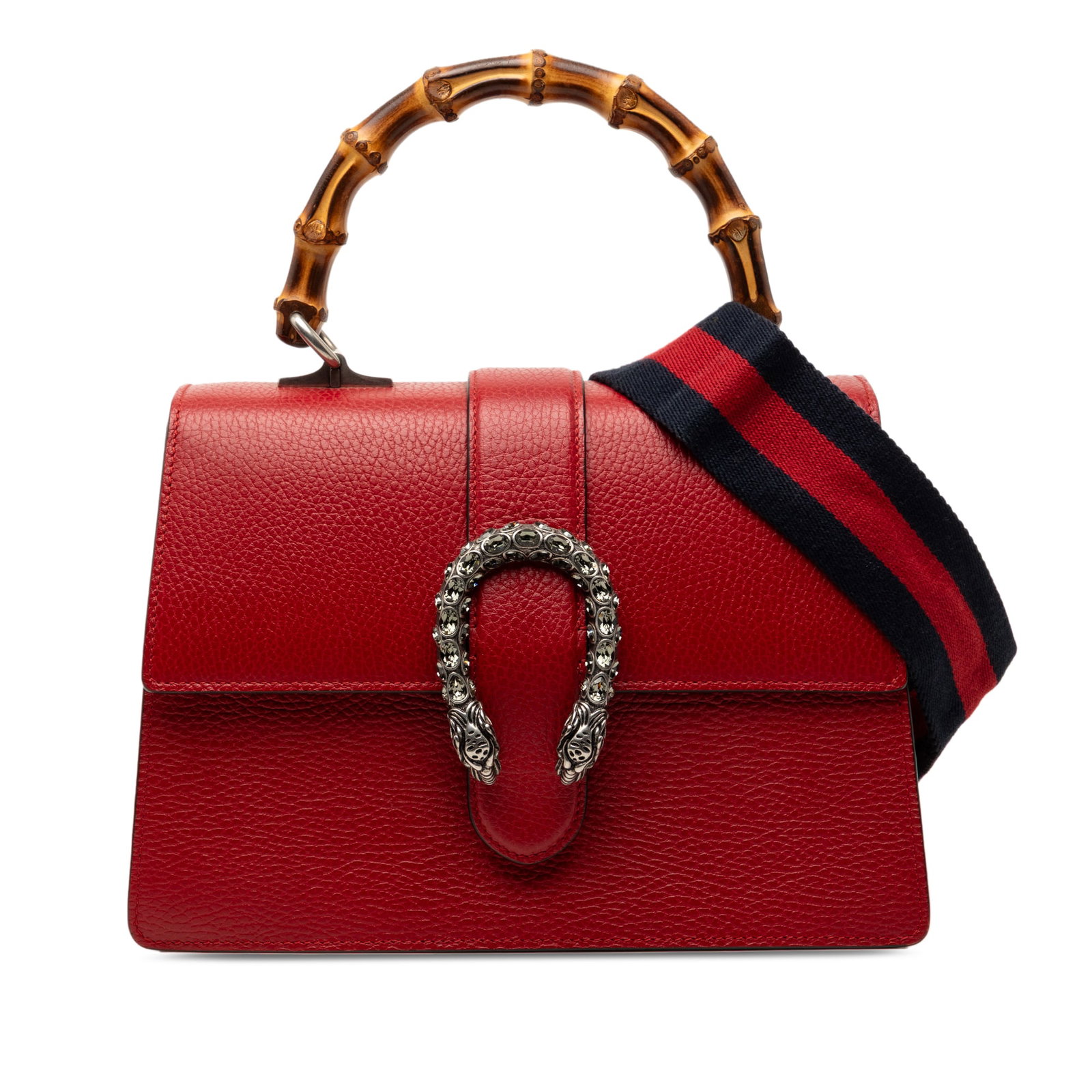 Gucci Dionysus Bamboo Web Red Leather Satchel: Gucci Dionysus Bamboo Web Red Leather Satchel This Gucci Medium Calfskin Bamboo Dionysus Web Satchel is crafted from leather and features a bamboo top handle, detachable flat strap, and a front flap w