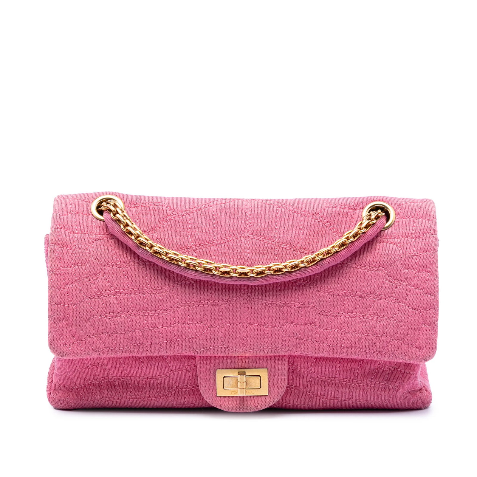Chanel Reissue 2.55 pink quilted jersey flap bag: Chanel Reissue 2.55 pink quilted jersey flap bag This Chanel Croc Quilted Jersey Reissue 2.55 Double Flap 225 bag features a pink quilted jersey fabric body with chain link and jersey straps. It has d