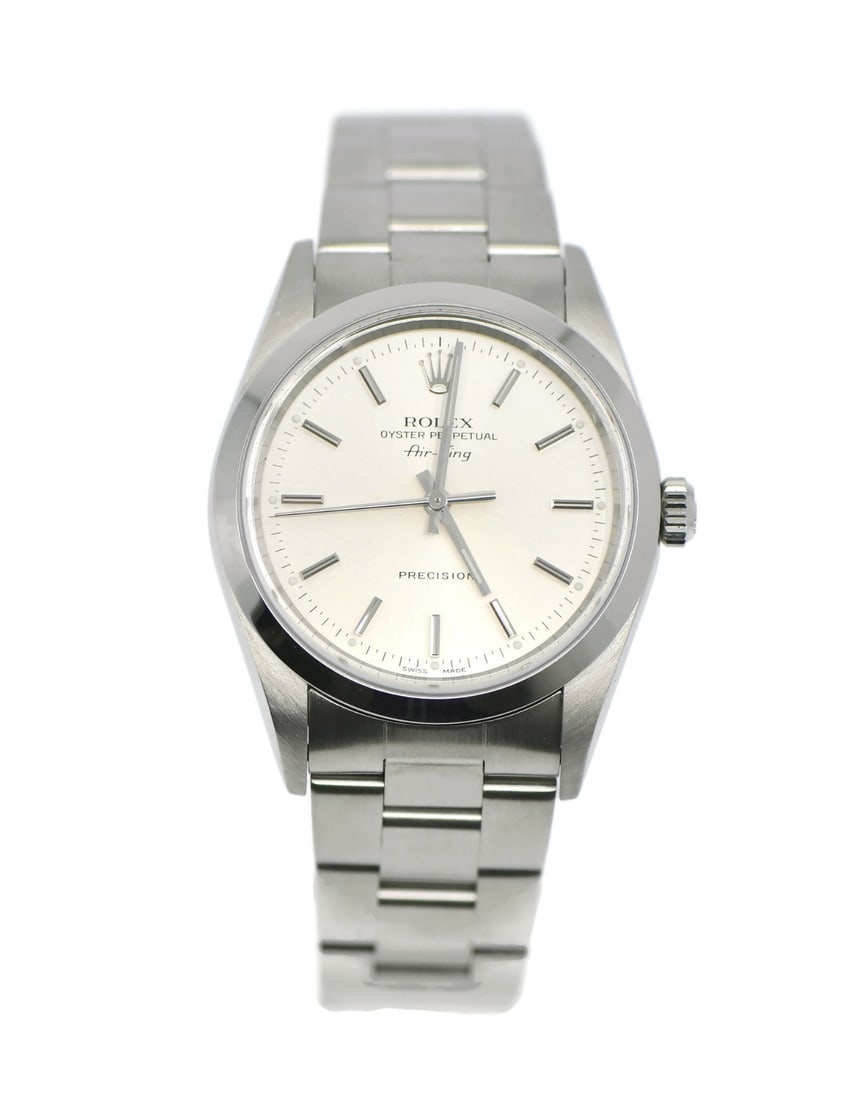 Rolex Air-King 14000M men's stainless steel wristwatch 34 mm: Rolex Air-King 14000M men's stainless steel wristwatch 34 mm Pre-owned Rolex Air-King reference 14000M wristwatch with a silver sunburst dial, stick indexes, and a polished stainless steel case and br