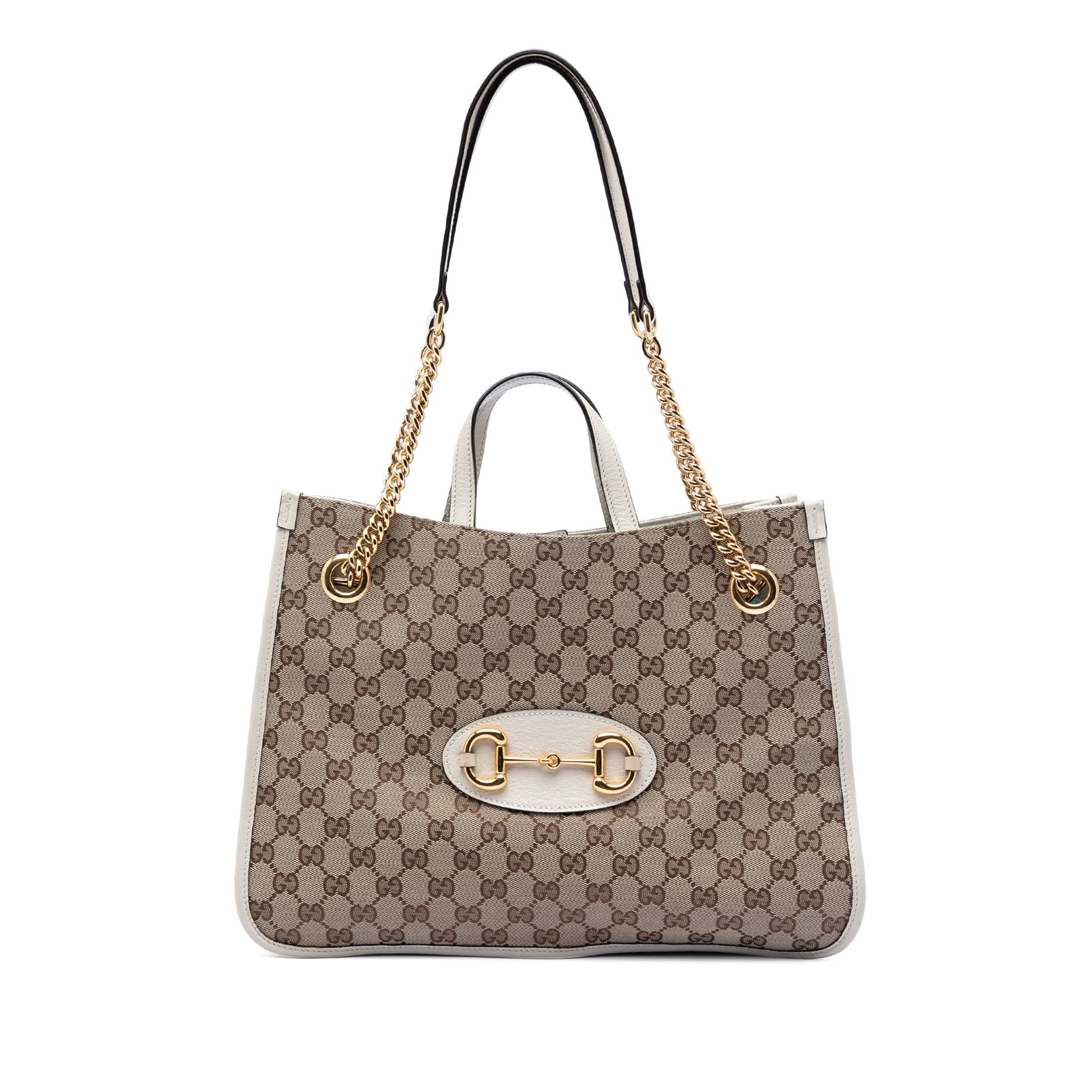 Gucci Horsebit 1955 Medium Canvas Tote with Chain Straps: Gucci Horsebit 1955 Medium Canvas Tote with Chain Straps This Gucci Medium GG Canvas Horsebit 1955 Chain Tote features a beige canvas body with leather trim, flat leather handles, and chain straps wit