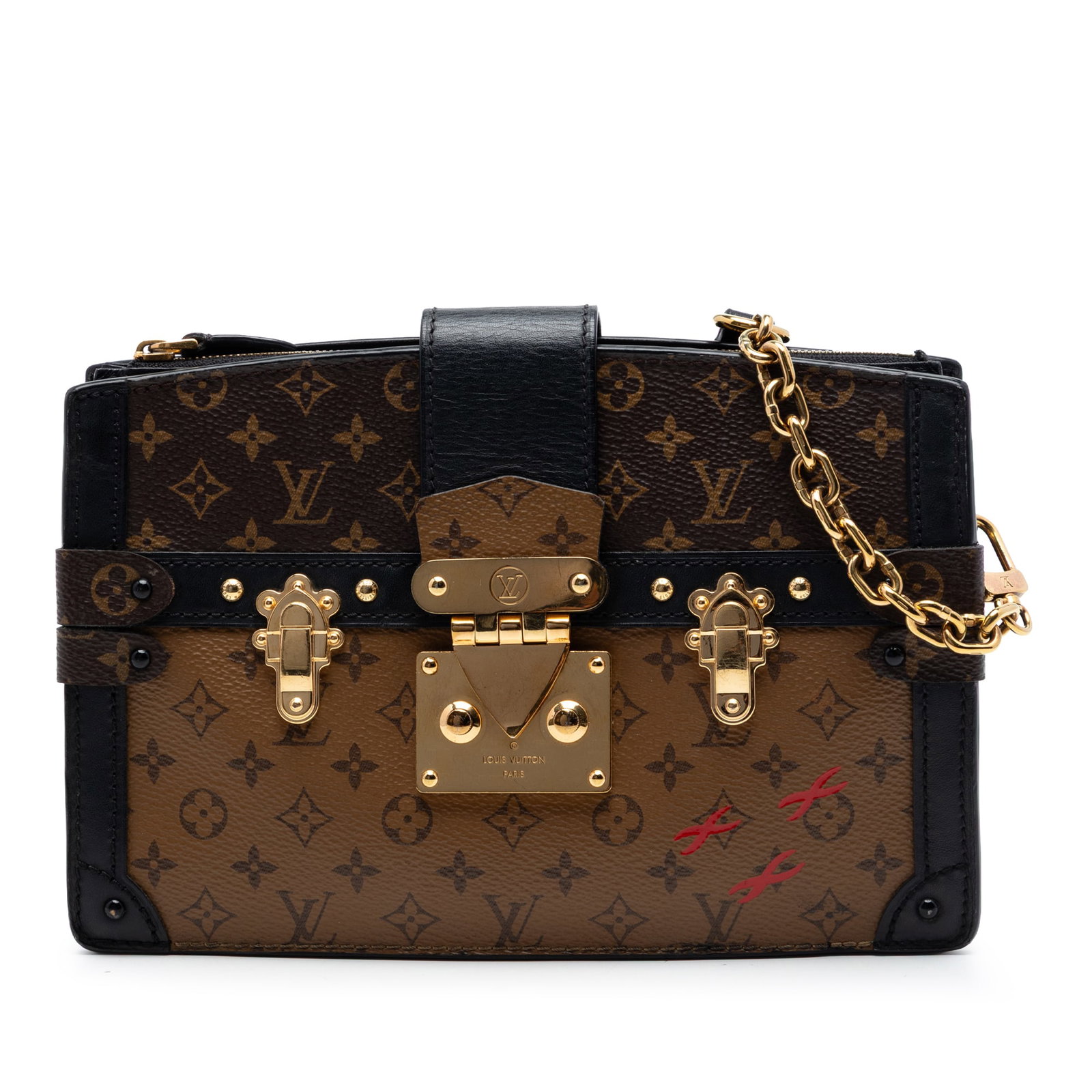 Louis Vuitton Reverse Monogram Trunk Clutch Bag with Chain Strap: Louis Vuitton Reverse Monogram Trunk Clutch Bag with Chain Strap Louis Vuitton Monogram Reverse Trunk Clutch crafted with a monogram canvas body and leather trim. This clutch features a detachable gol