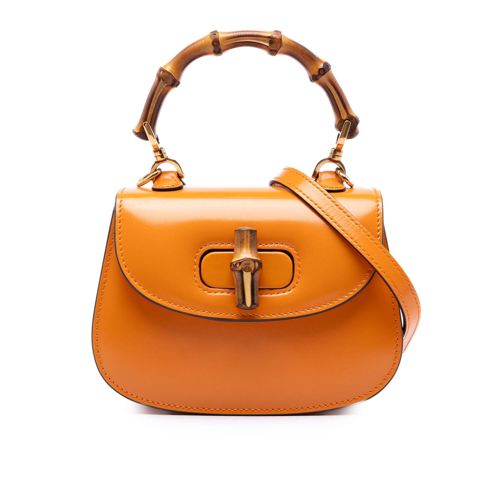 Gucci 1947 Bamboo Top Handle Mini Calfskin Satchel: Gucci 1947 Bamboo Top Handle Mini Calfskin Satchel Gucci Mini Calfskin Web 1947 Bamboo Top Handle Bag in orange leather, made in Italy. This satchel features a bamboo top handle, a detachable flat str