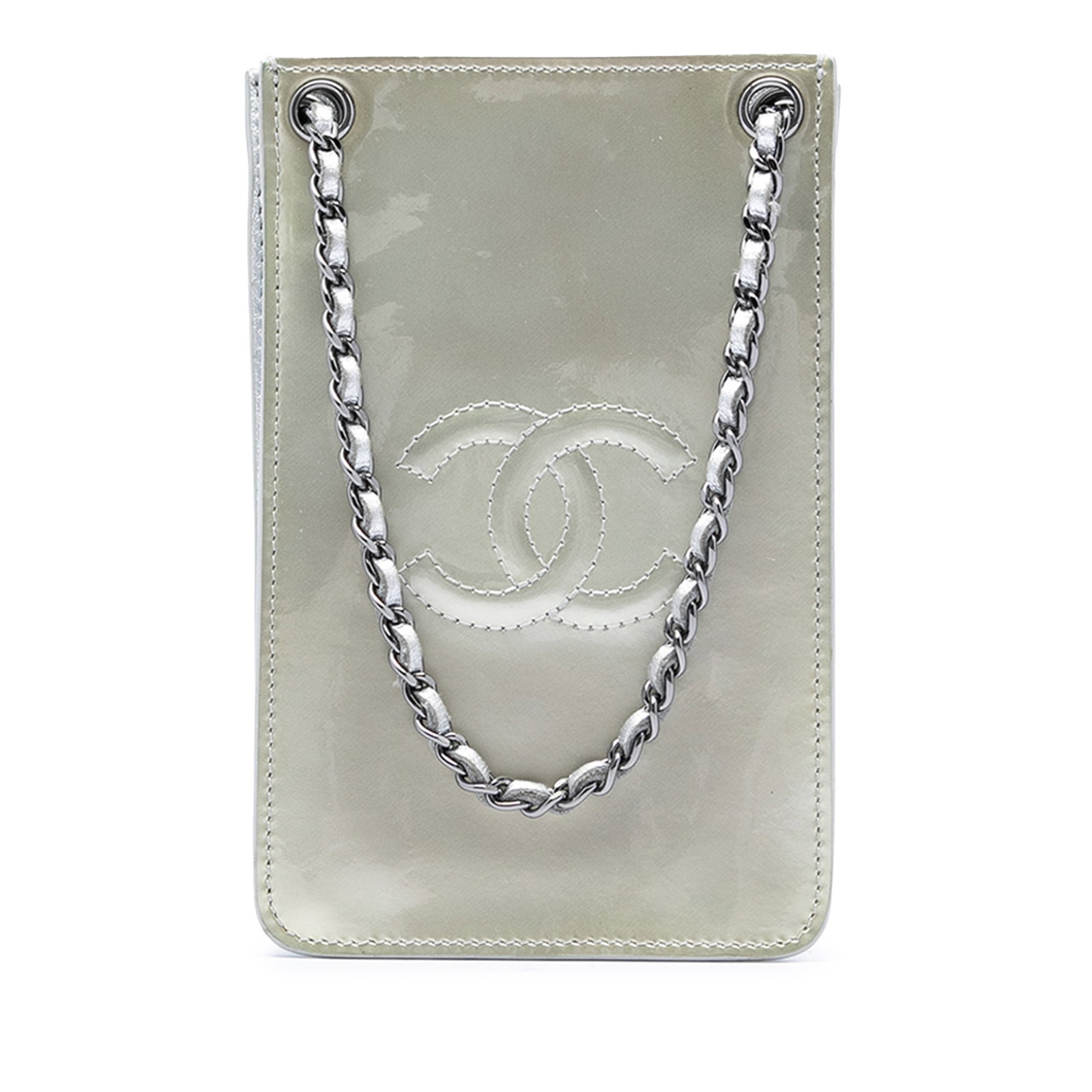 Chanel CC Patent Leather Phone Holder Crossbody Bag: Chanel CC Patent Leather Phone Holder Crossbody Bag Chanel CC Patent Phone Holder Crossbody bag from Italy, featuring a patent leather body, leather woven chain strap with leather guard, an open top, 