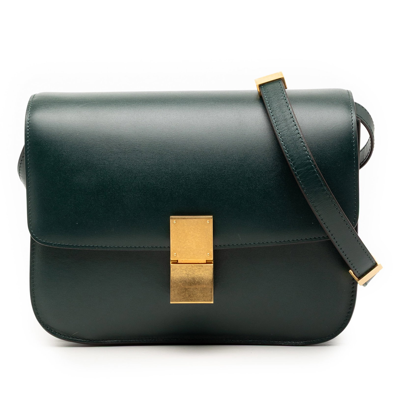 Celine Classic Box leather crossbody bag medium green: Celine Classic Box leather crossbody bag medium green This Celine Medium Calfskin Classic Box crossbody bag is crafted from green leather and features a flat leather strap, a front flap with a push lo