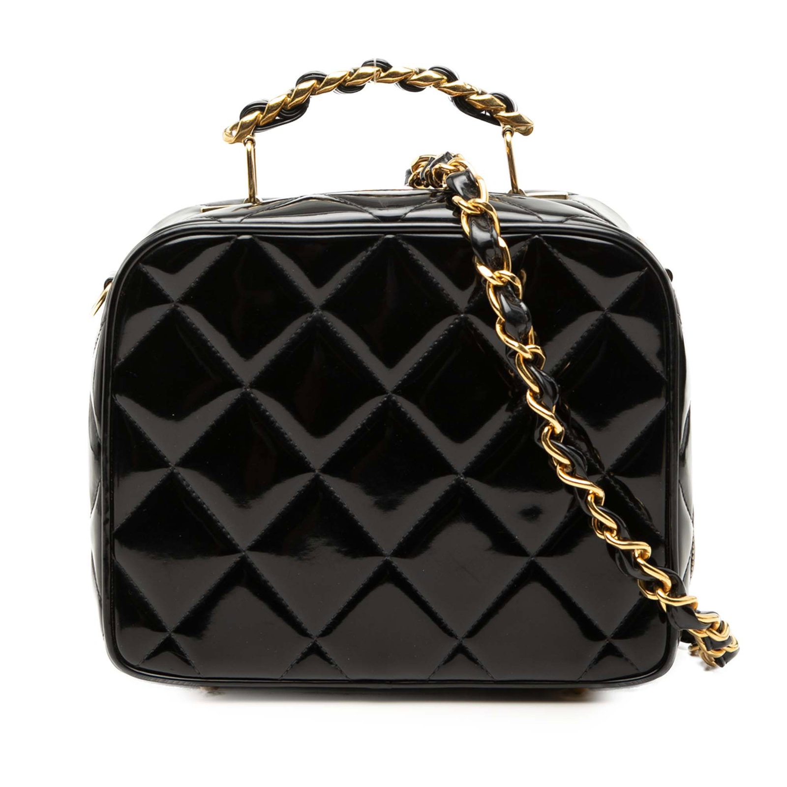 Chanel Quilted Patent Leather Vanity Bag with Chain Strap: Chanel Quilted Patent Leather Vanity Bag with Chain Strap Chanel quilted patent vanity case in black leather with a structured silhouette. It features a leather-woven metal handle, a detachable leathe