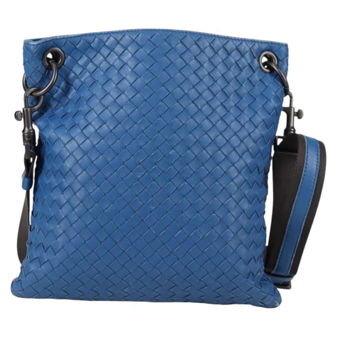 Bottega Veneta Intrecciato Nappa Blue Flat Messenger Leather Bag: Bottega Veneta Intrecciato Nappa Blue Flat Messenger Leather Bag This Bottega Veneta Flat Messenger Bag features the signature Intrecciato Nappa weave in blue leather. Designed for women, it offers a 