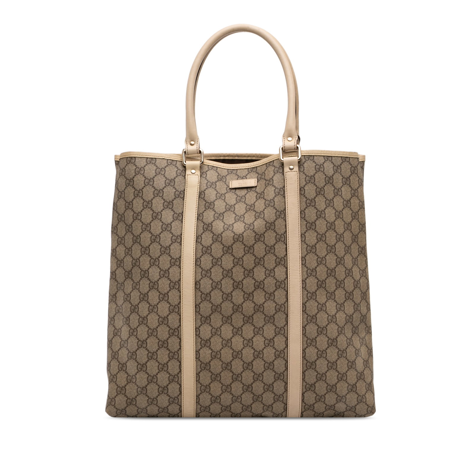 Gucci Joy Tote GG Supreme Canvas Vertical Handbag with Leather Trim: Gucci Joy Tote GG Supreme Canvas Vertical Handbag with Leather Trim This Gucci GG Supreme Joy Vertical Tote features a beige coated canvas body with leather trim and rolled leather handles. The bag is