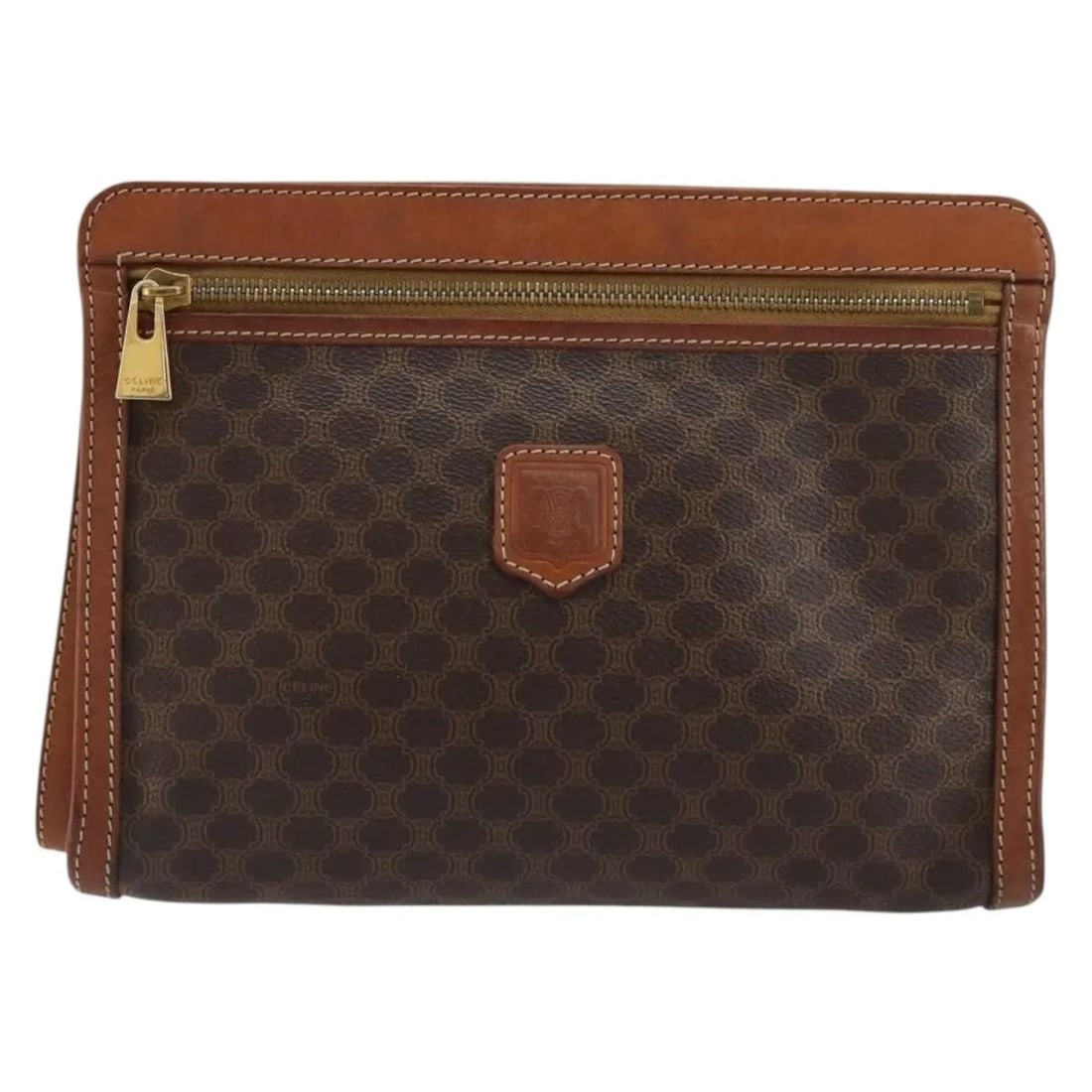 Celine Triomphe Logo Canvas Pouch Brown: Celine Triomphe Logo Canvas Pouch Brown This Celine Logo Triomphe pouch features a stylish combination of canvas and leather in a brown colorway. Designed for unisex use, it offers a spacious interior