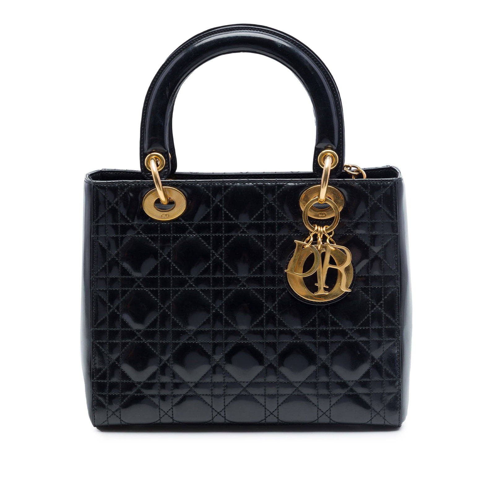 Dior Lady Dior Medium Cannage Patent Leather Handbag Black: Dior Lady Dior Medium Cannage Patent Leather Handbag Black Medium Patent Cannage Lady Dior bag by Dior, made in Italy. It features a quilted patent leather body, flat leather top handles, a top zip cl