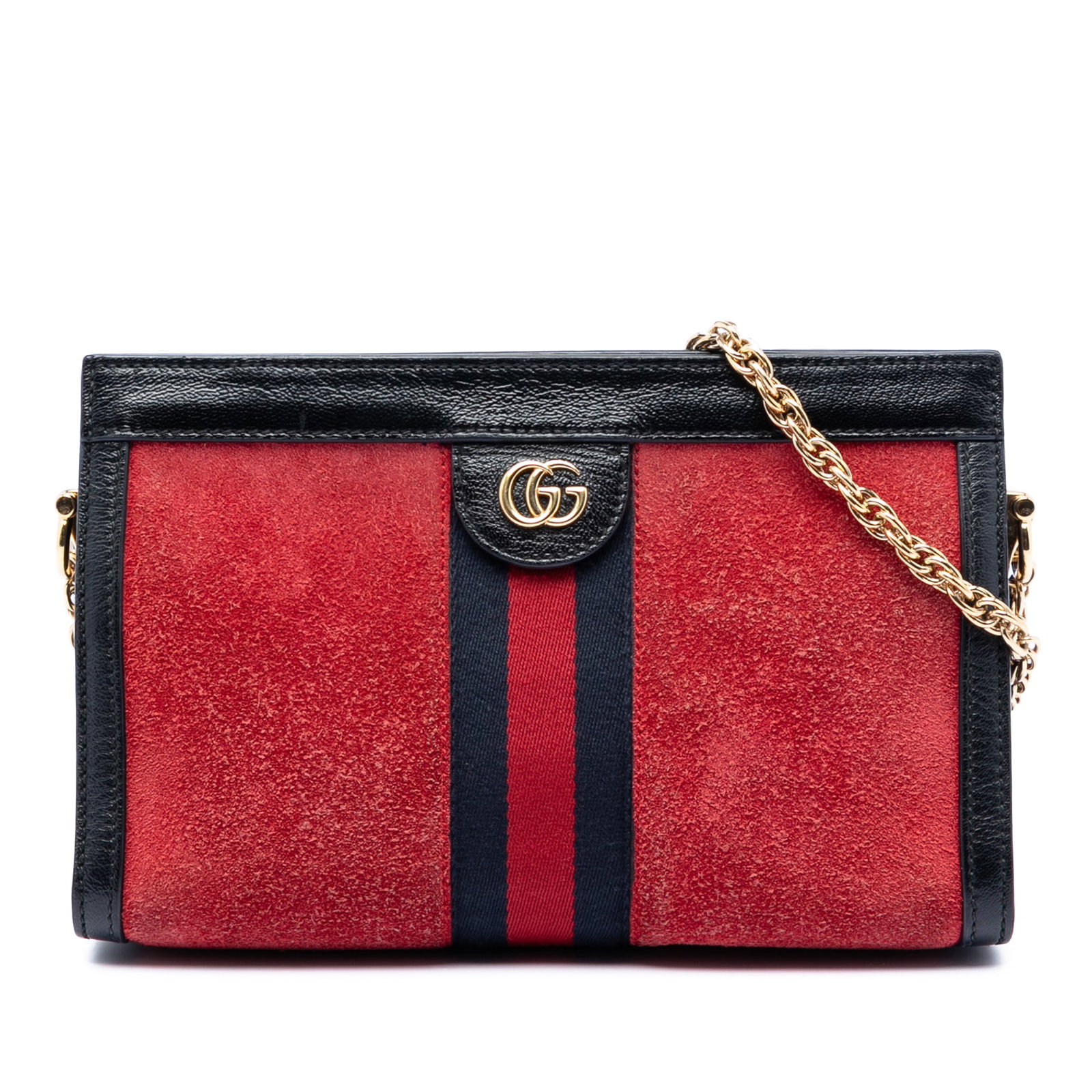 Red Suede Ophidia Crossbody Bag with Chain Strap by Gucci: Red Suede Ophidia Crossbody Bag with Chain Strap by Gucci This Gucci Small Suede Ophidia Chain Crossbody bag features a red suede exterior with leather trim. It is designed with a chain link shoulder 