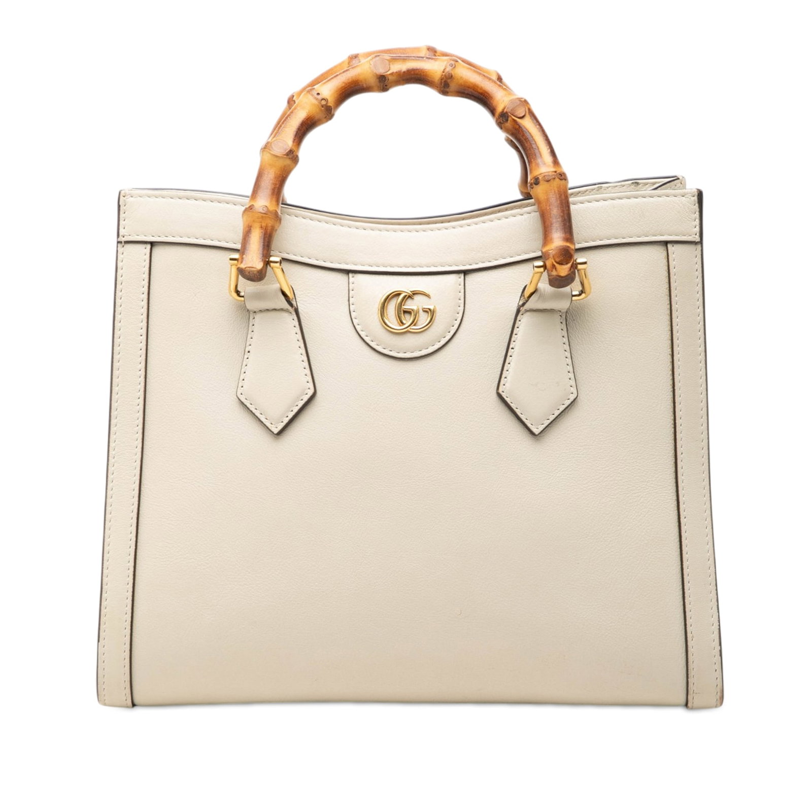 Gucci Diana Medium Bamboo Handle Calfskin Satchel White: Gucci Diana Medium Bamboo Handle Calfskin Satchel White Gucci Medium Calfskin Bamboo Diana Satchel in white leather with bamboo top handles, an open top, magnetic snap button closure, and an interior 