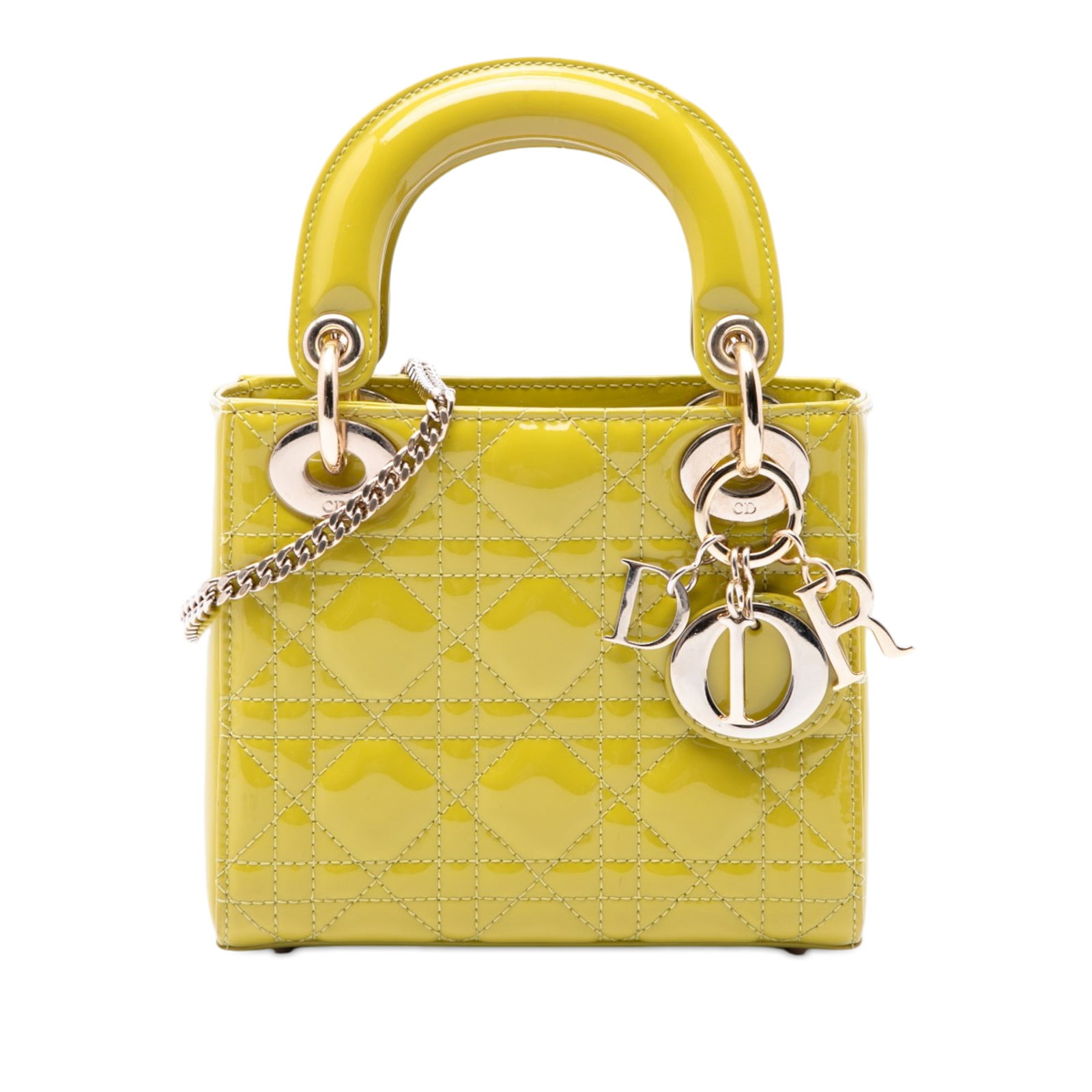 Dior Lady Dior Mini Cannage Patent Leather Bag Yellow: Dior Lady Dior Mini Cannage Patent Leather Bag Yellow Mini Lady Dior handbag in yellow patent leather with Cannage quilting. This bag features flat top handles, a detachable chain-link strap with a le