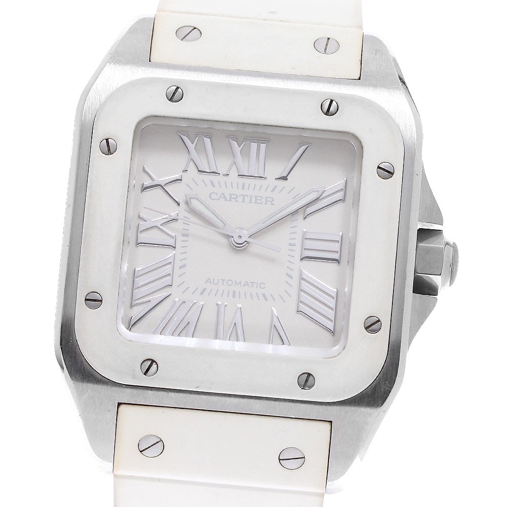 Cartier Santos 100MM W20122U2 Steel Automatic Watch White Dial Rubber Strap: Cartier Santos 100MM W20122U2 Steel Automatic Watch White Dial Rubber Strap Pre-owned Cartier Santos 100MM wristwatch with a white dial, automatic movement, and a stainless steel and rubber case. The 