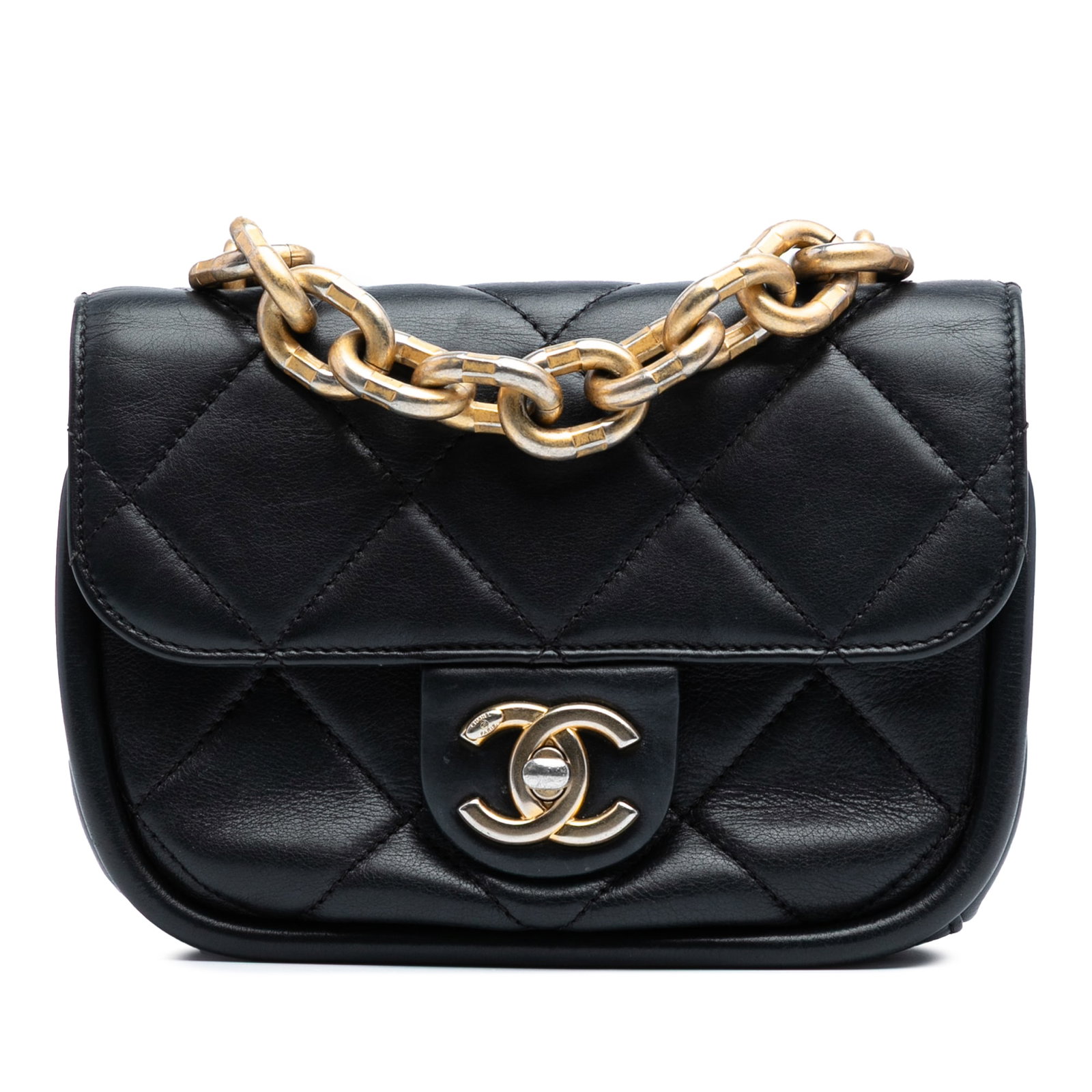 Chanel Mini Quilted Lambskin Flap Bag Black with Chain Handle: Chanel Mini Quilted Lambskin Flap Bag Black with Chain Handle This elegant Chanel Mini Quilted Lambskin Chain Top Handle Flap bag showcases a sophisticated quilted leather body in classic black. It fe