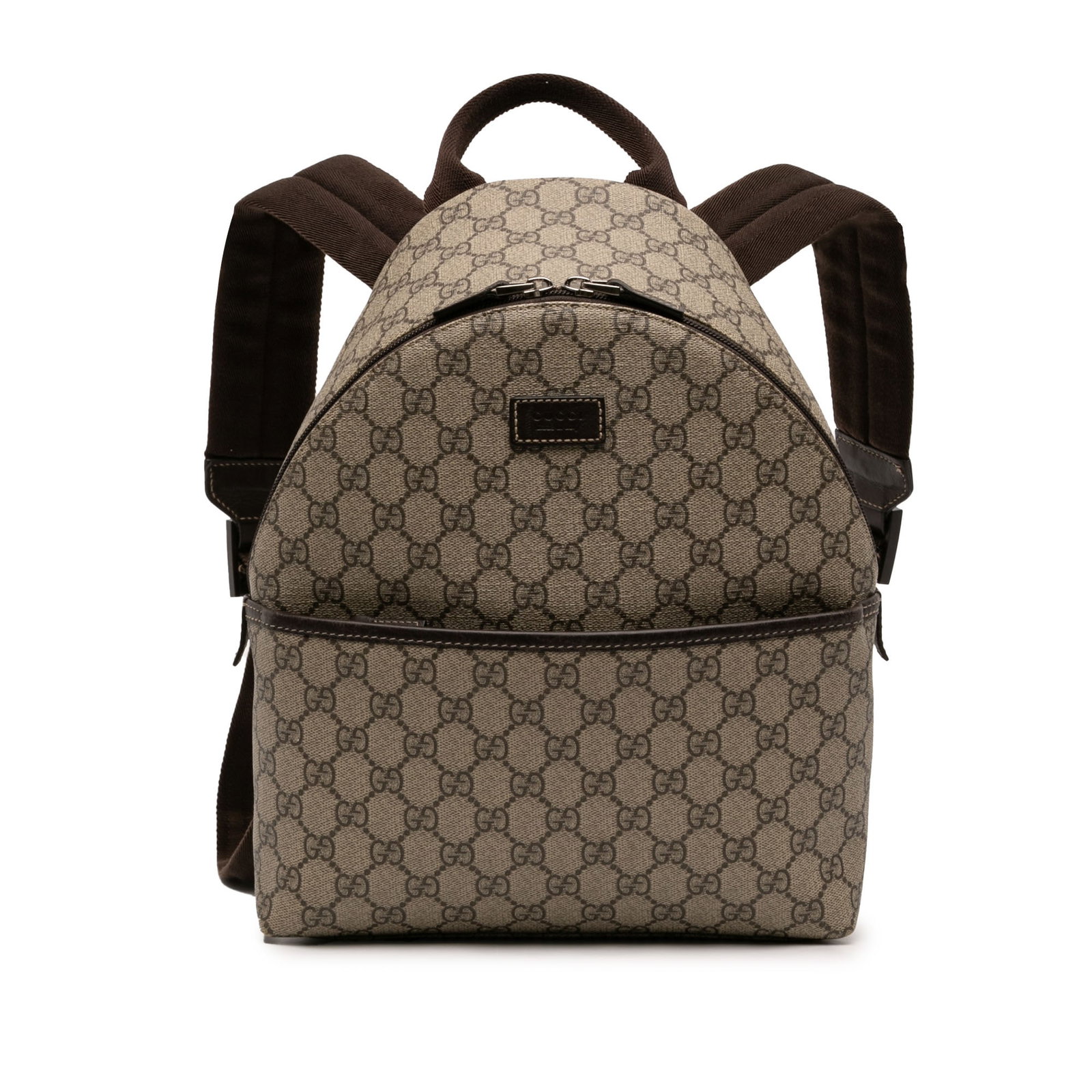 Gucci GG Supreme Coated Canvas Backpack with Leather Trim: Gucci GG Supreme Coated Canvas Backpack with Leather Trim Gucci GG Supreme Backpack from Italy in beige, made with a coated canvas body and leather trim. It features a flat leather top handle, adjusta