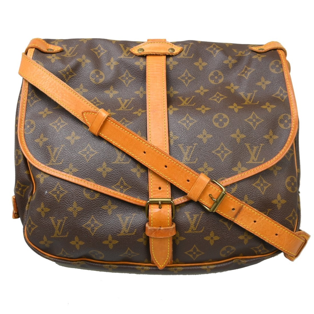 Louis Vuitton M42254 Saumur 35 Monogram Crossbody Shoulder Bag: Louis Vuitton M42254 Saumur 35 Monogram Crossbody Shoulder Bag Vintage Louis Vuitton Saumur 35 shoulder bag in brown Monogram canvas and leather. It features a buckle closure, a crossbody strap, and t