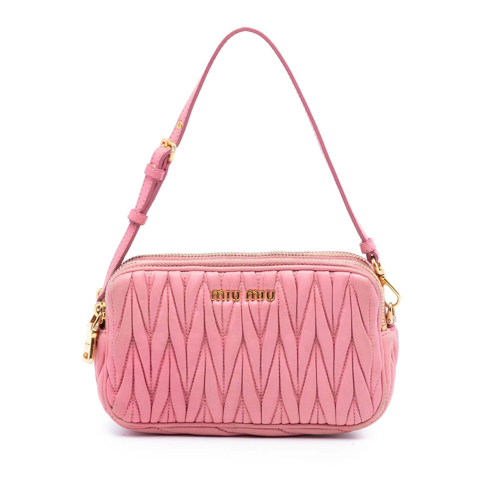 Miu Miu Matelasse Nappa Leather Double Zip Pink Handbag: Miu Miu Matelasse Nappa Leather Double Zip Pink Handbag Miu Miu Nappa Matelasse Double Zip Handbag in pink quilted nappa leather. This handbag features two top-zip compartments and a detachable flat l