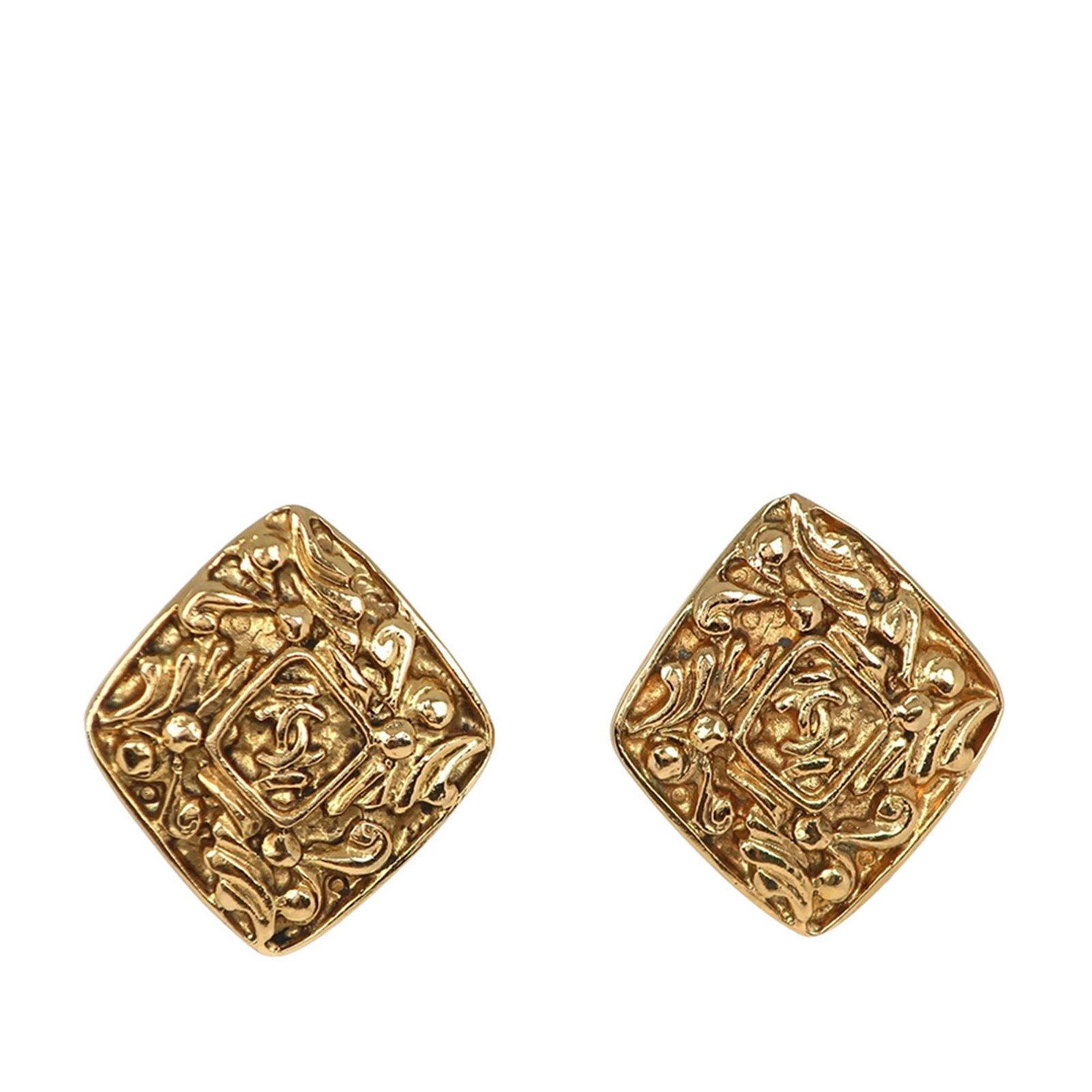 Chanel CC Diamond Embellished Gold Tone Clip Earrings: Chanel CC Diamond Embellished Gold Tone Clip Earrings These Chanel CC earrings feature gold plated metal bodies with a clip-on closure. Designed in a classic gold tone, they are crafted in France and 