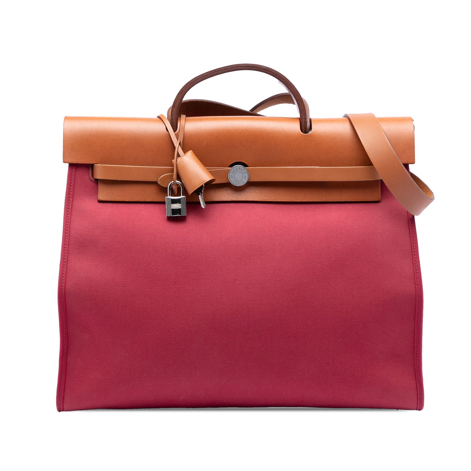 Hermes Herbag Zip 39 Red Canvas and Leather Shoulder Bag: Hermes Herbag Zip 39 Red Canvas and Leather Shoulder Bag The Hermes Toile Herbag Zip 39 is crafted with a canvas body complemented by a flat leather top handle and a flat leather shoulder strap. It fe