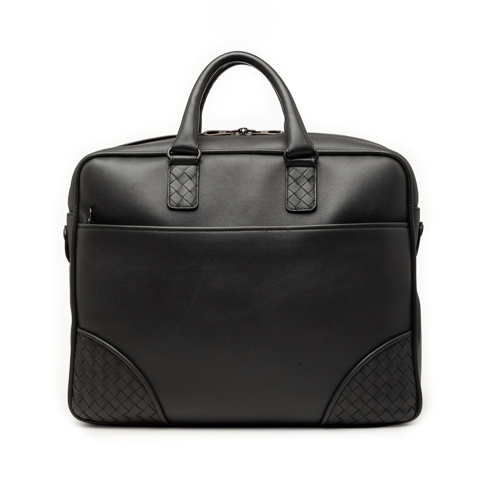 Bottega Veneta Intrecciato black leather business briefcase: Bottega Veneta Intrecciato black leather business briefcase A Bottega Veneta Intrecciato Trimmed Leather Briefcase in black, featuring a leather body with woven details, rolled leather handles, a two-