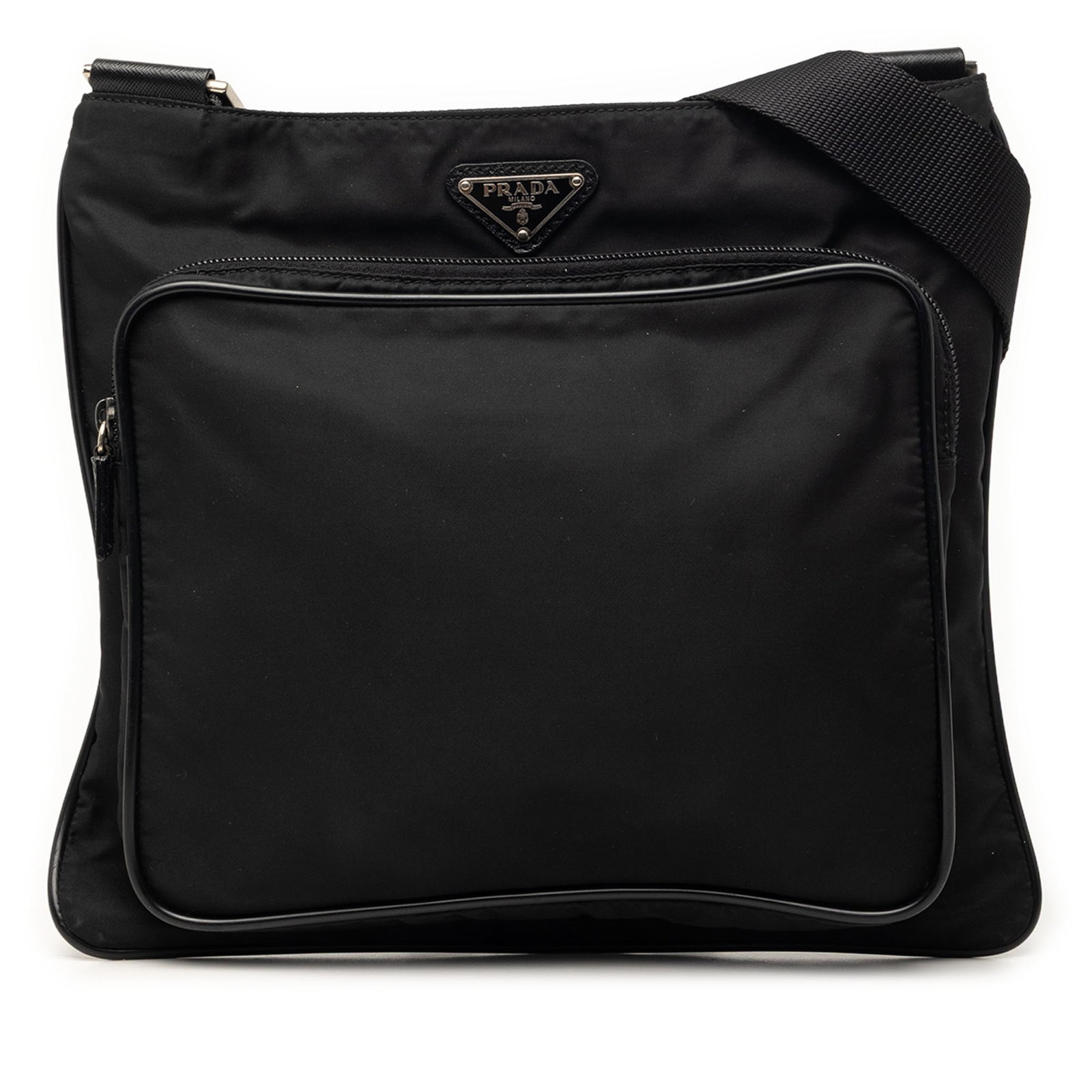 Prada black nylon crossbody with leather trim Tessuto Zip Top: Prada black nylon crossbody with leather trim Tessuto Zip Top This Prada Tessuto Zip Top Crossbody bag is crafted from durable nylon with leather trim and features an adjustable flat strap for comfort