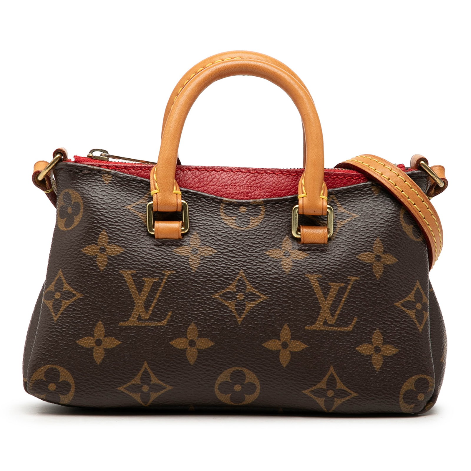 Louis Vuitton Nano Pallas Monogram Canvas Handbag: Louis Vuitton Nano Pallas Monogram Canvas Handbag Louis Vuitton Monogram Nano Pallas bag in brown monogram canvas with leather trim, rolled vachetta leather handles, a flat vachetta leather strap, and
