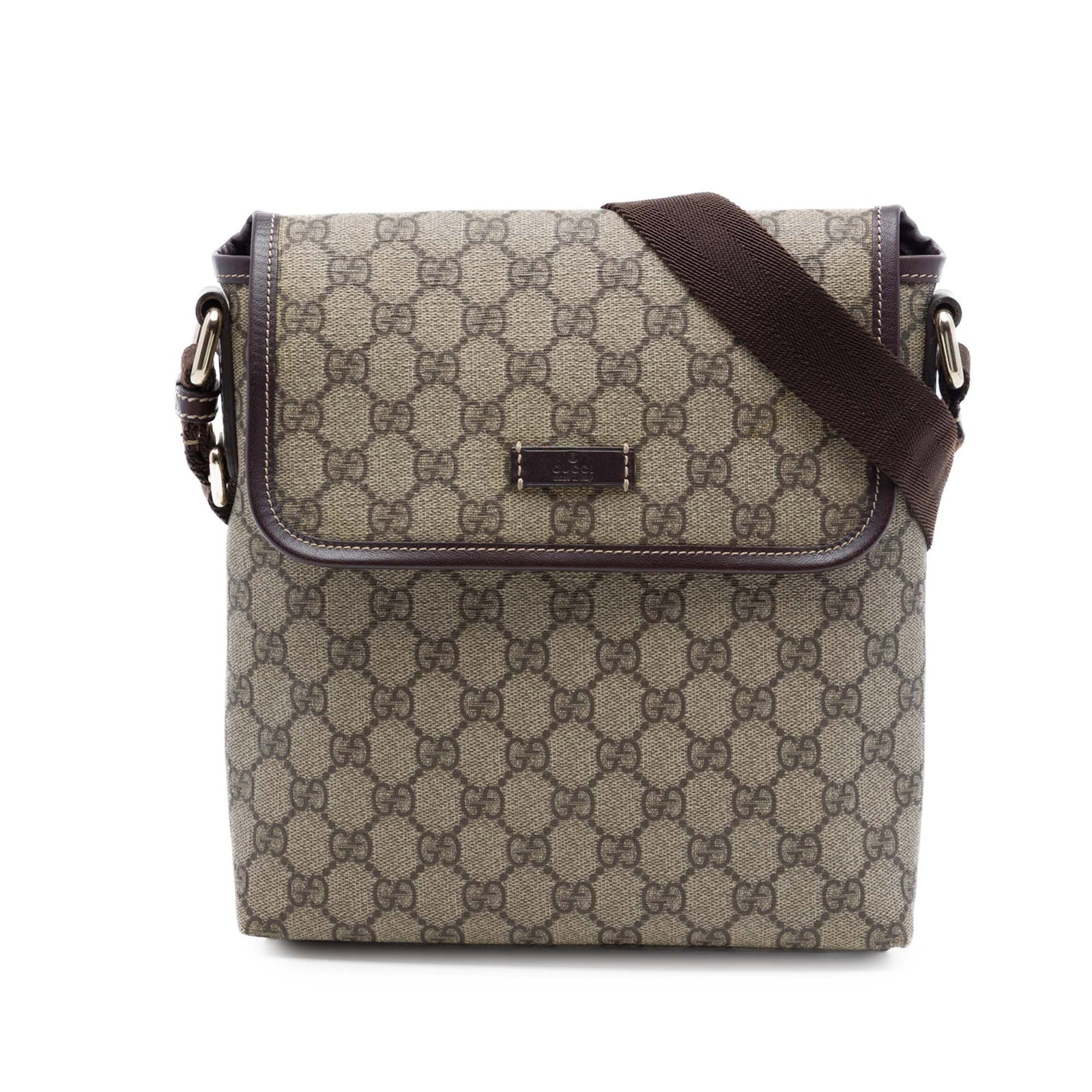 Gucci GG Supreme Beige Coated Canvas Crossbody Bag: Gucci GG Supreme Beige Coated Canvas Crossbody Bag Gucci GG Supreme Crossbody bag in beige, made with a coated canvas body and leather trim. It features an adjustable flat canvas strap, a front flap w