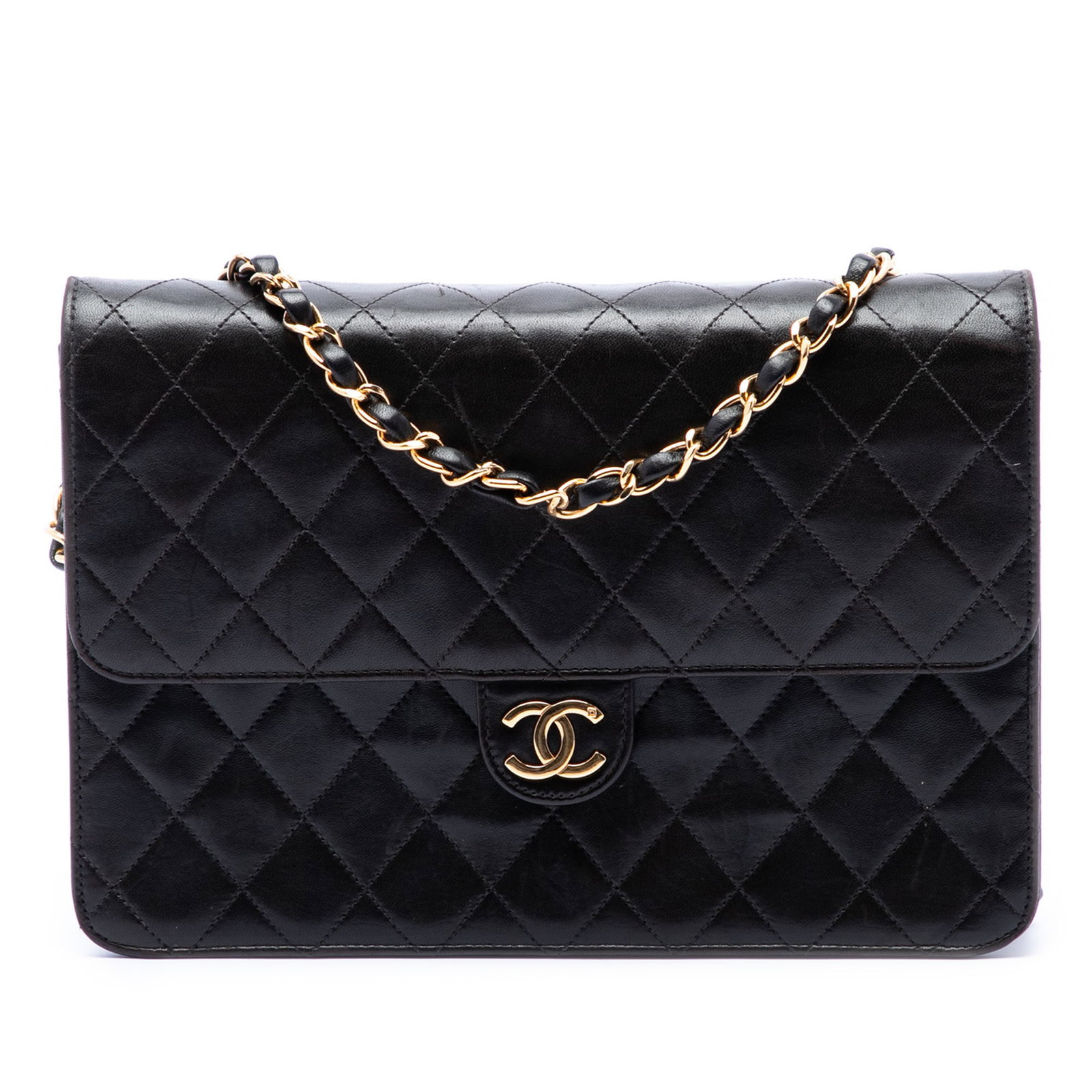 Chanel Medium CC Single Flap Crossbody Quilted Lambskin Black: Chanel Medium CC Single Flap Crossbody Quilted Lambskin Black A Chanel Medium CC Quilted Lambskin Single Flap crossbody bag in black, made in France. It features a quilted lambskin leather body, a lea