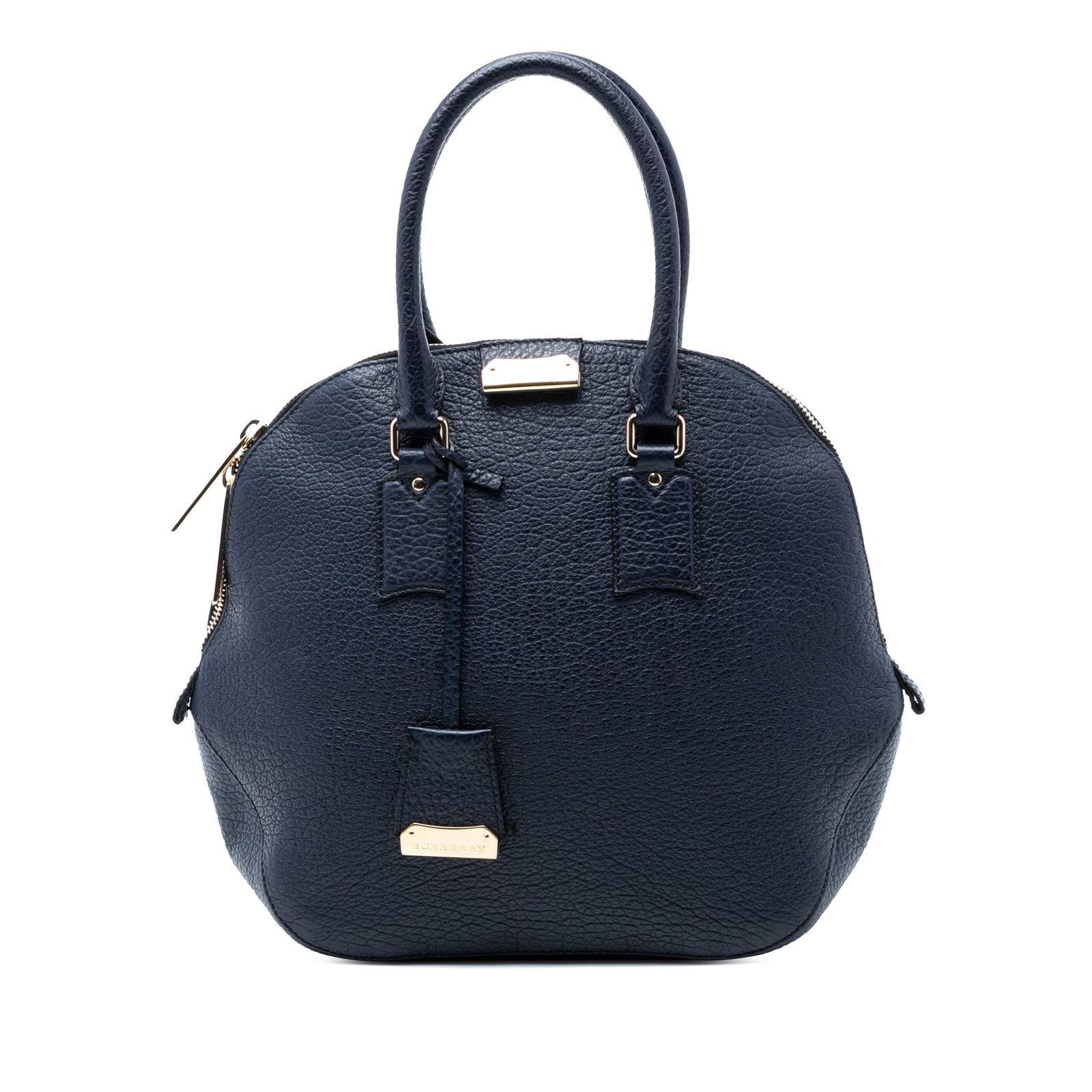 Burberry Heritage Orchard Blue Leather Bowling Bag Large Size: Burberry Heritage Orchard Blue Leather Bowling Bag Large Size This Burberry Large Grained Calfskin Heritage Orchard Bowling Bag features a leather body in blue, rolled handles, a top zip closure, and 
