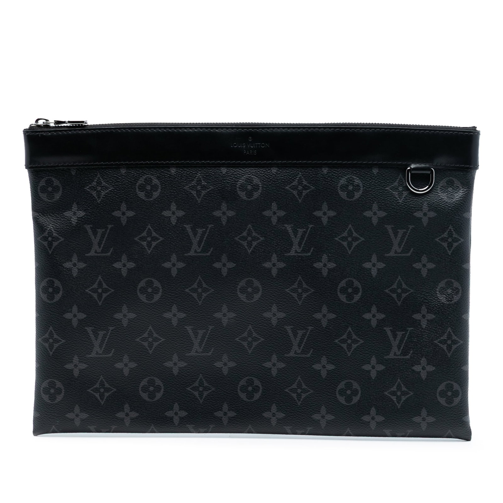 Monogram Eclipse Discovery GM Pouch by Louis Vuitton Black Canvas: Monogram Eclipse Discovery GM Pouch by Louis Vuitton Black Canvas The Louis Vuitton Monogram Eclipse Discovery Pochette GM features a monogram canvas body with leather trim, a top zip closure, and an 