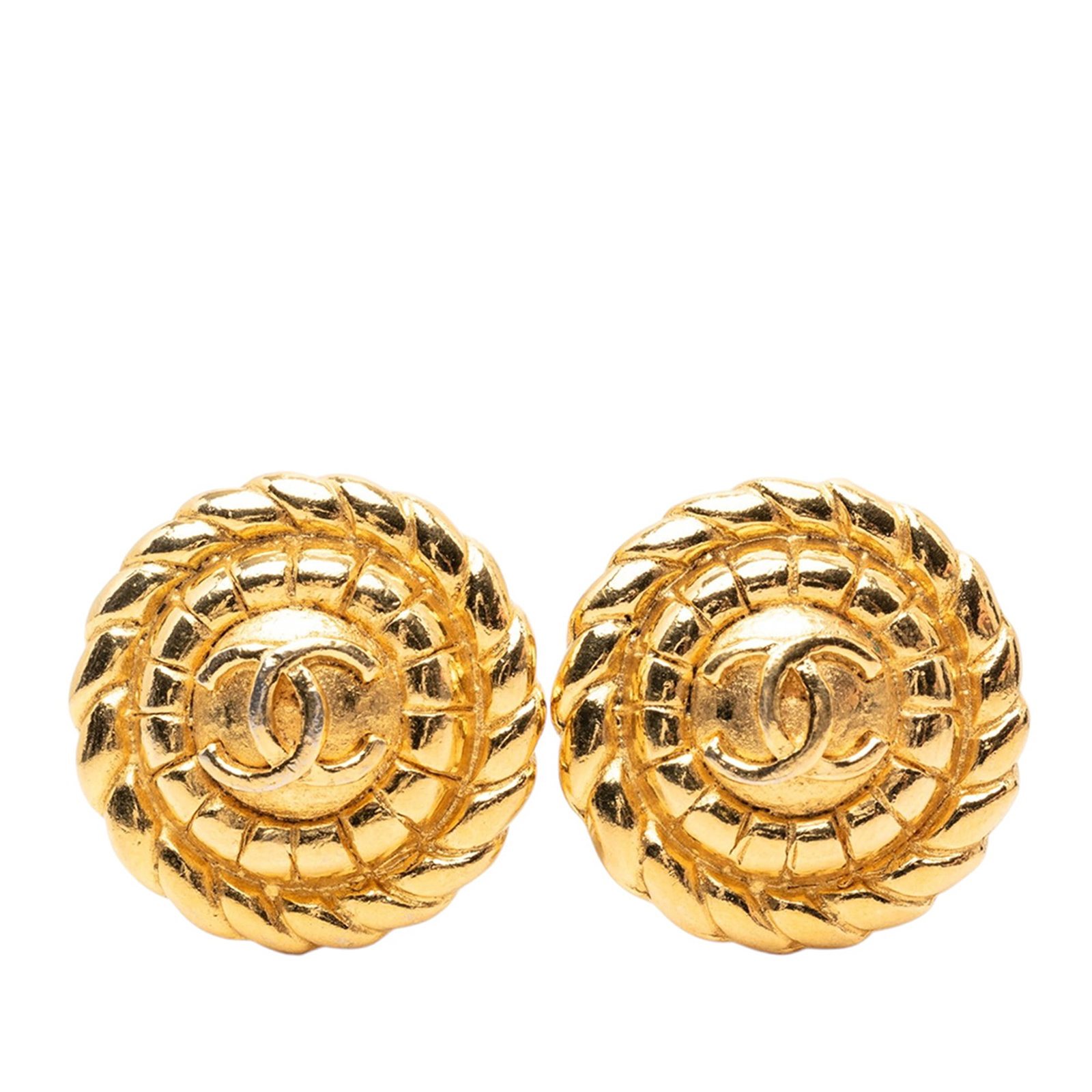 Chanel CC Round Clip On Earrings Gold Tone Metal: Chanel CC Round Clip On Earrings Gold Tone Metal Round clip-on earrings with a gold tone metal body and iconic CC design. Made in France, this costume jewelry piece shows visible wear including scratc