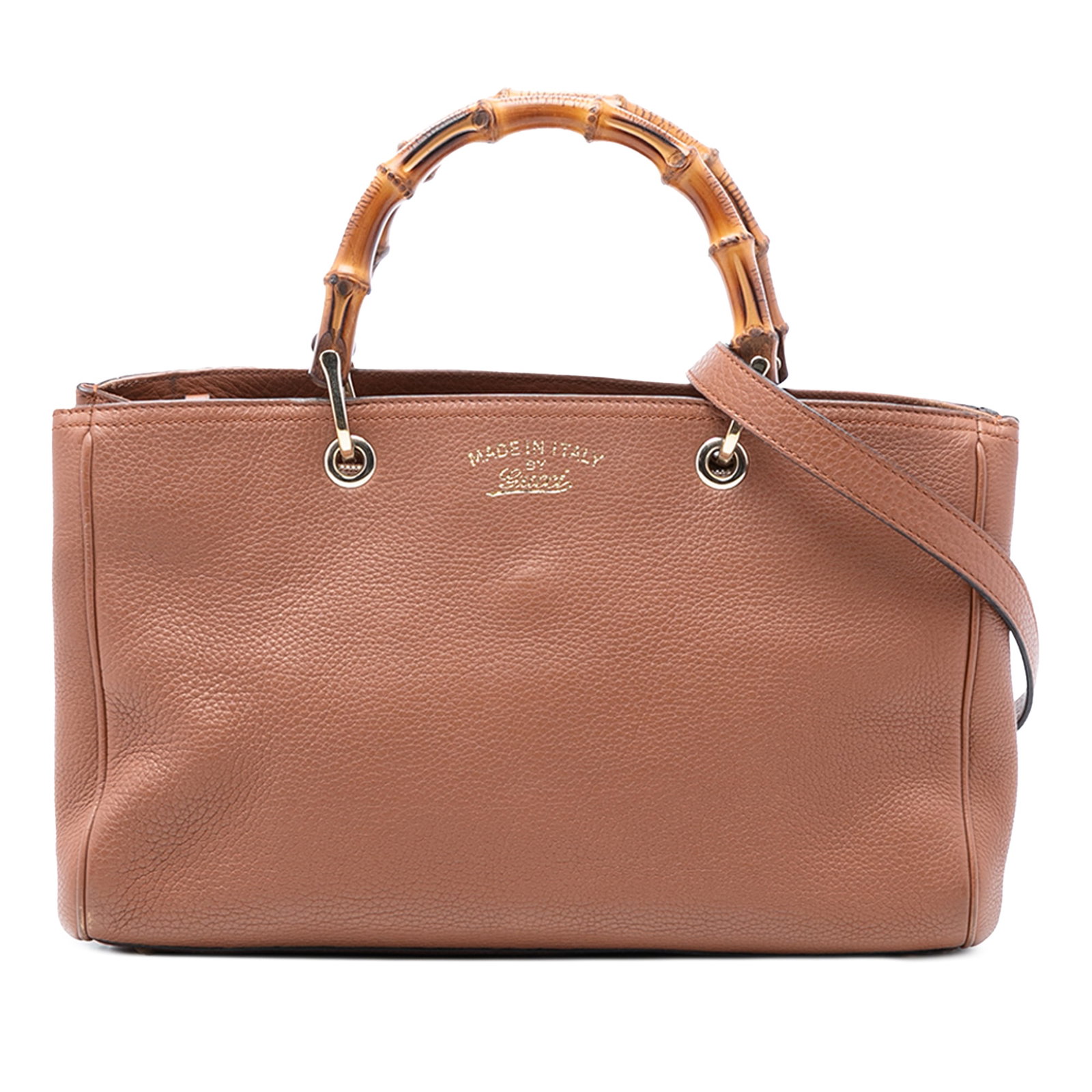 Gucci Bamboo Shopper Medium Brown Leather Satchel with Detachable Strap: Gucci Bamboo Shopper Medium Brown Leather Satchel with Detachable Strap This Gucci Medium Calfskin Bamboo Shopper Satchel features a brown leather body with distinctive bamboo top handles, a detachabl
