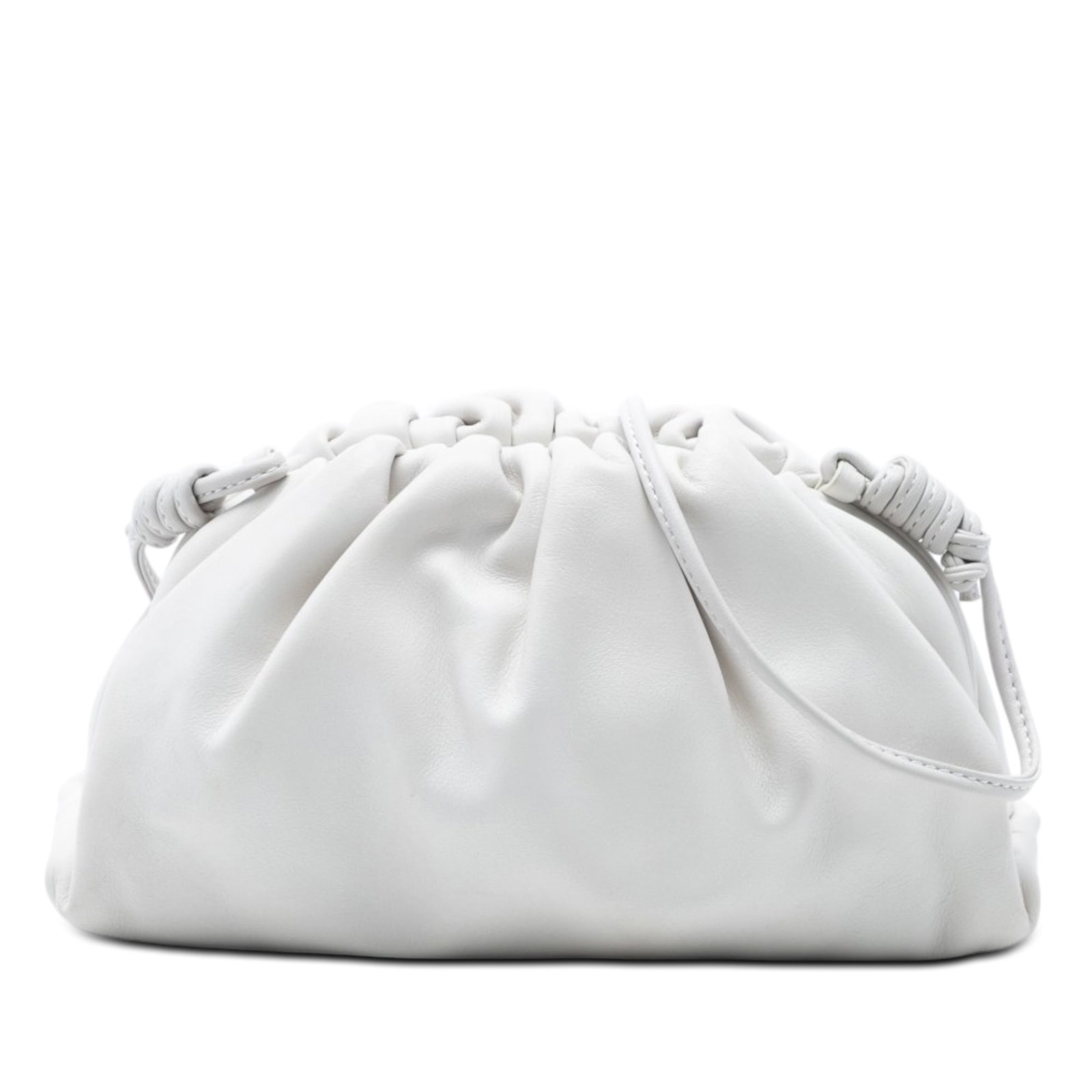 Bottega Veneta Mini Pouch White Leather Crossbody Bag: Bottega Veneta Mini Pouch White Leather Crossbody Bag This Bottega Veneta The Mini Pouch Crossbody is crafted in white lambskin leather with a soft, compact silhouette. It features a leather strap and