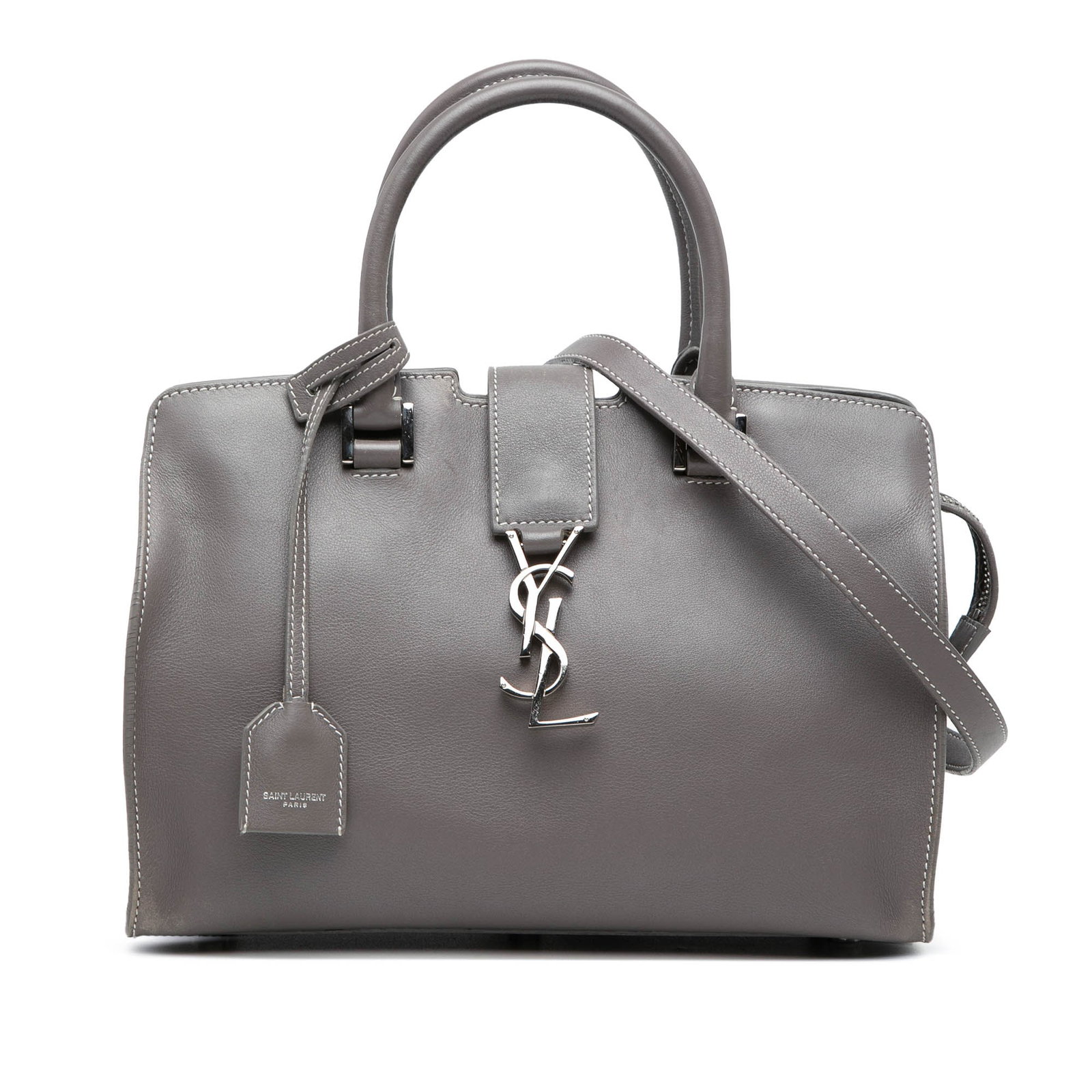 Saint Laurent Downtown Cabas Baby Monogram Leather Satchel Gray: Saint Laurent Downtown Cabas Baby Monogram Leather Satchel Gray This Saint Laurent Baby Monogram Downtown Cabas satchel is crafted in gray calf leather with rolled leather handles, a detachable flat l