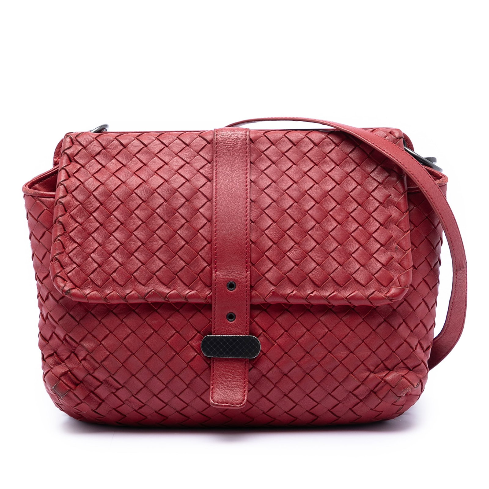 Red Intrecciato Nappa Leather Crossbody Messenger by Bottega Veneta: Red Intrecciato Nappa Leather Crossbody Messenger by Bottega Veneta This Bottega Veneta crossbody messenger bag features the brand's signature woven nappa leather design in red. It is equipped with a 