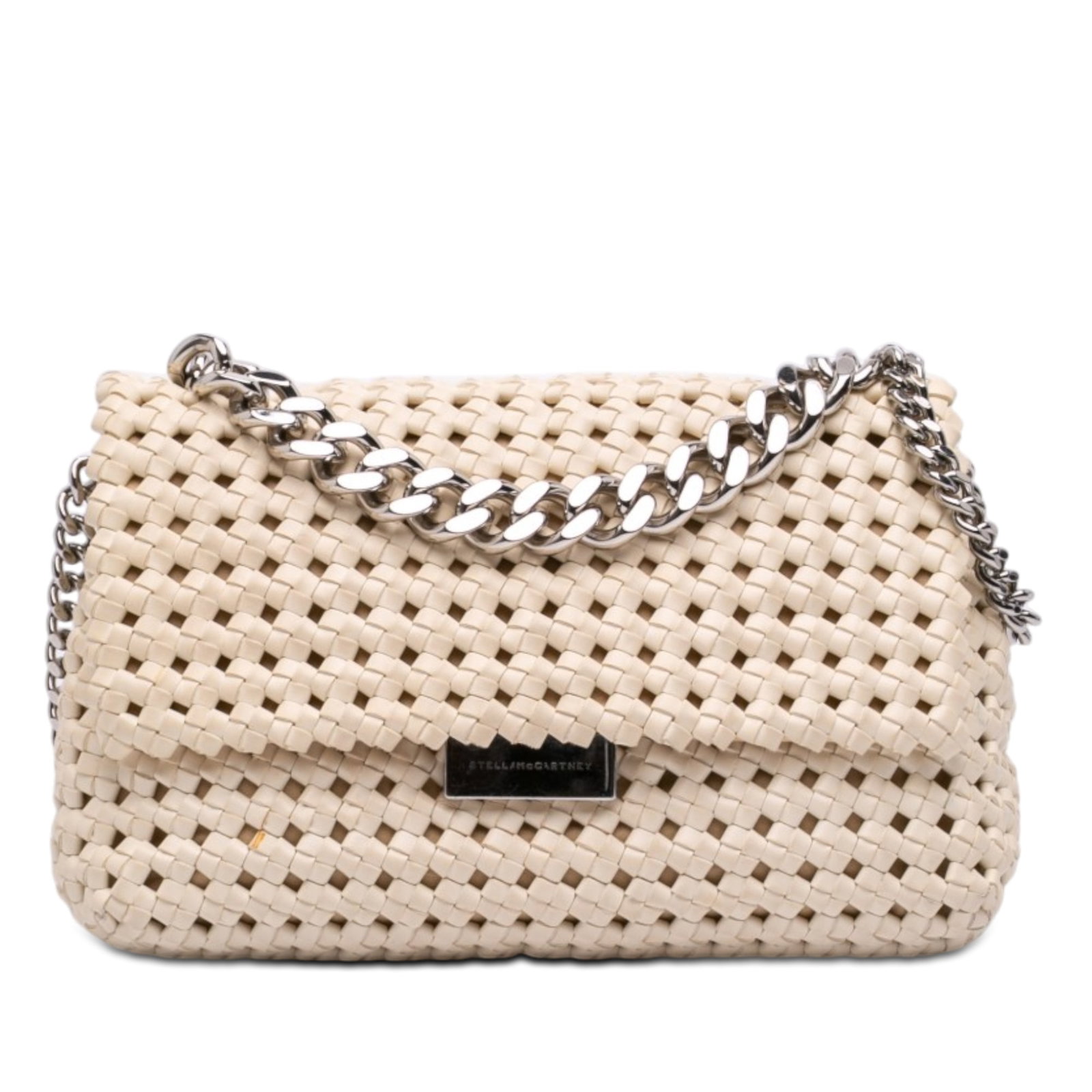 Stella McCartney Becks White Woven Faux Leather Top Handle Bag: Stella McCartney Becks White Woven Faux Leather Top Handle Bag A Stella McCartney Becks top handle bag featuring a woven faux leather body, chain handle, and chain shoulder strap. It has a front flap 