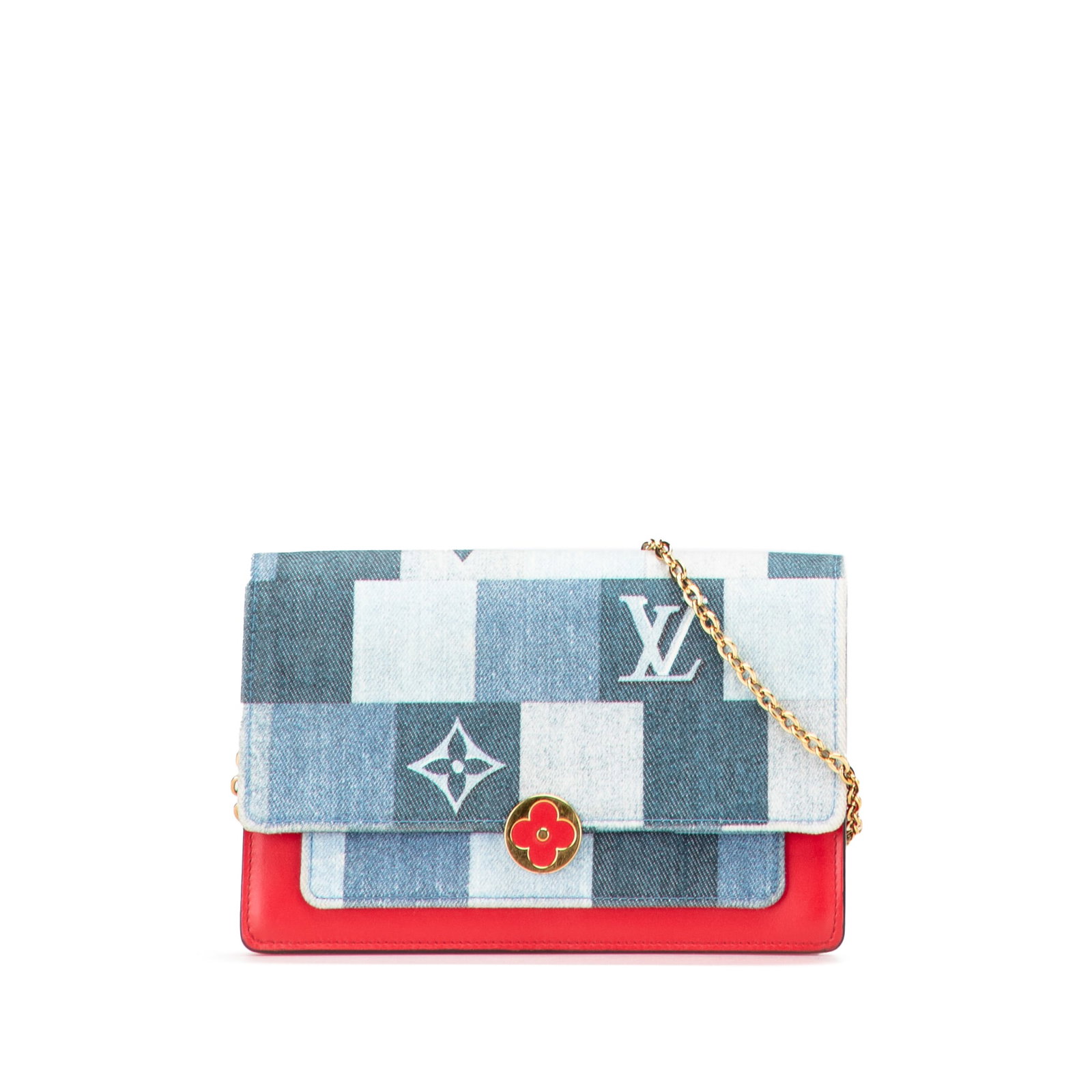 Louis Vuitton Monogram Denim Fiore Chain Wallet Blue Canvas: Louis Vuitton Monogram Denim Fiore Chain Wallet Blue Canvas The Louis Vuitton Monogram Denim Patchwork Fiore Chain Wallet is a stylish accessory crafted from printed denim on a monogram canvas body. I