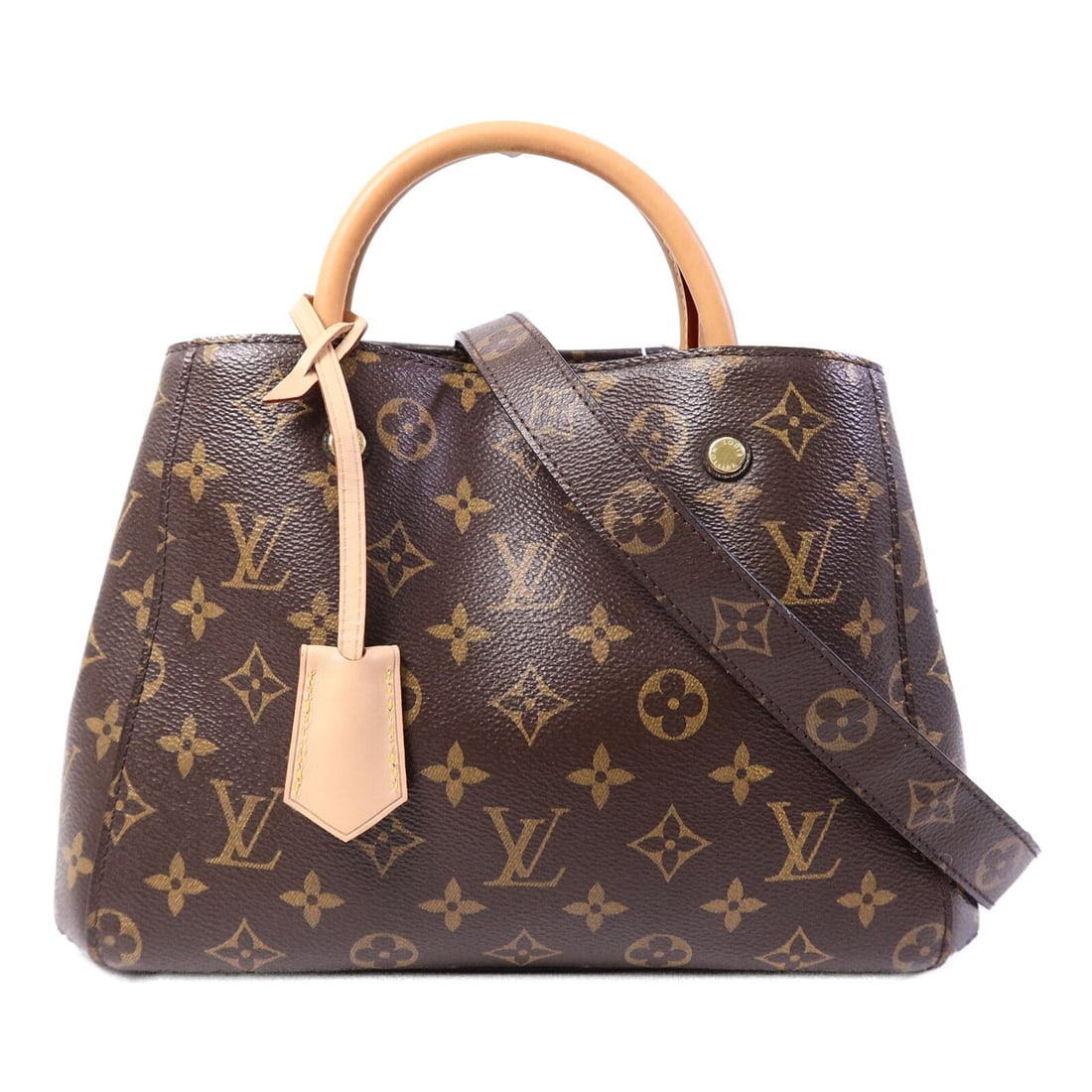 Louis Vuitton Montaigne BB Monogram 2 Way Bag M41055 Brown: Louis Vuitton Montaigne BB Monogram 2 Way Bag M41055 Brown A Louis Vuitton Montaigne BB 2-way shoulder bag in brown Monogram and PVC coated canvas. It features a structured silhouette, top handle, and