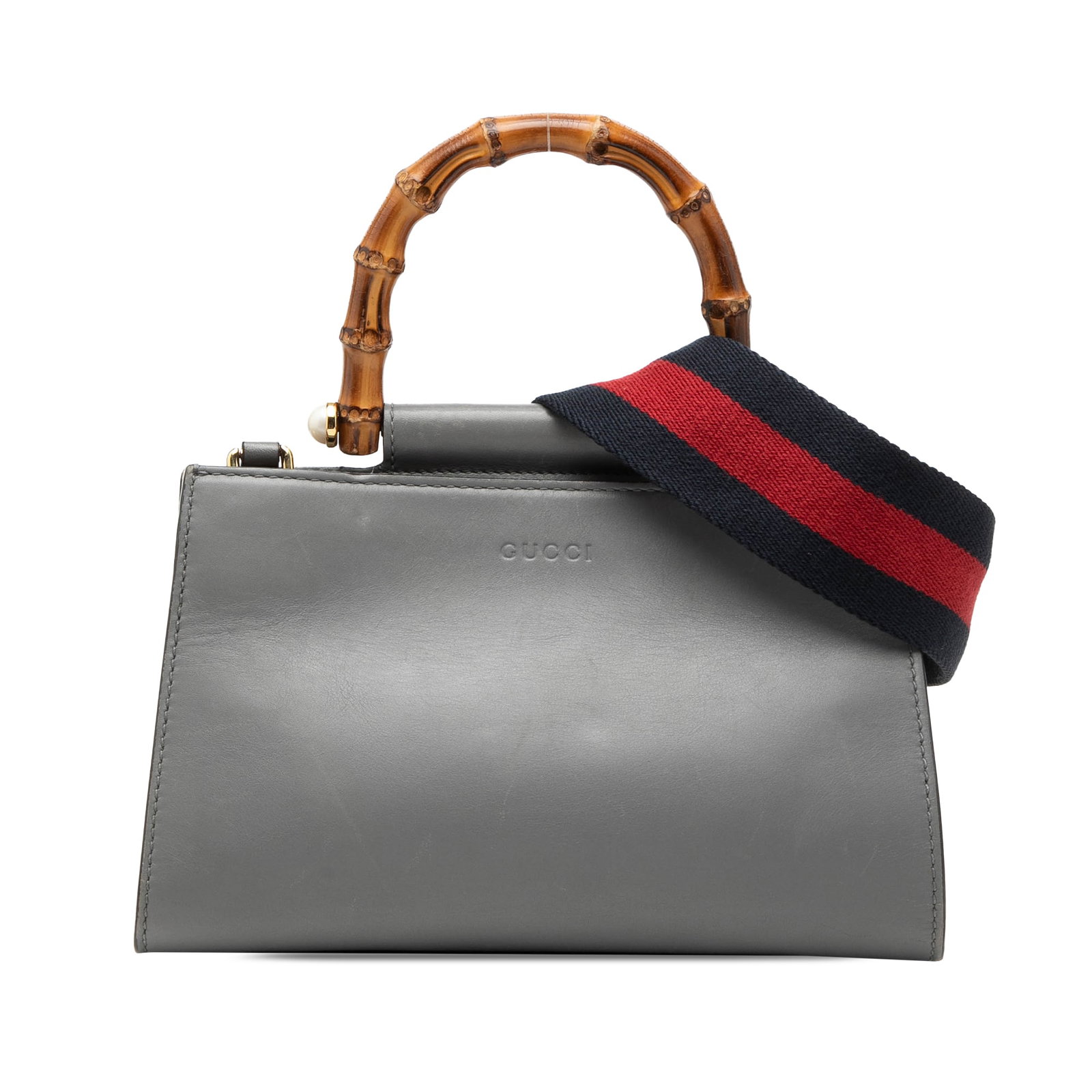 Gucci Nymphaea gray leather bamboo handle bag: Gucci Nymphaea gray leather bamboo handle bag This Gucci Mini Leather Bamboo Web Nymphaea bag features a gray leather body with a bamboo top handle, a detachable strap for versatile carrying options, 