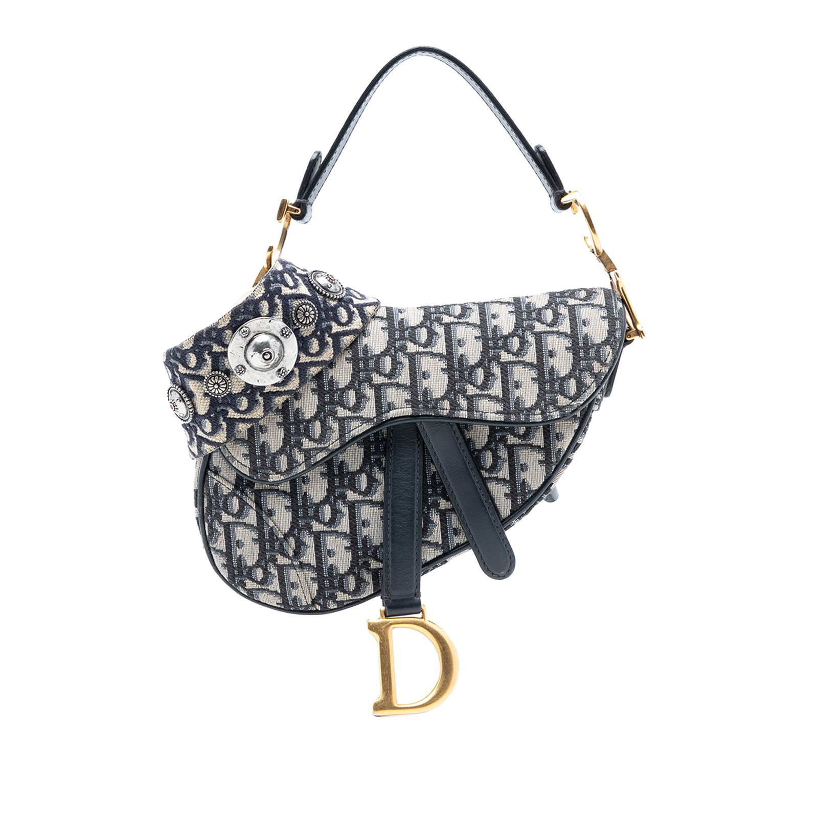 Dior Micro Saddle Bag Blue Oblique Canvas with Leather Handle: Dior Micro Saddle Bag Blue Oblique Canvas with Leather Handle This Dior Micro Oblique Canvas Saddle Bag features a canvas body in a blue tone, complemented by a flat leather handle and a detachable st