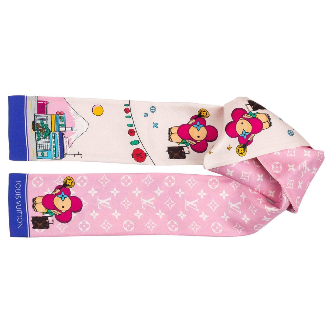 Louis Vuitton Vivienne Ginza Silk Bandeau Scarf Limited Edition: Louis Vuitton Vivienne Ginza Silk Bandeau Scarf Limited Edition Limited edition Louis Vuitton bandeau scarf in light gray silk, featuring the Monogram Ginza Vivienne design with the Vivienne mascot tr