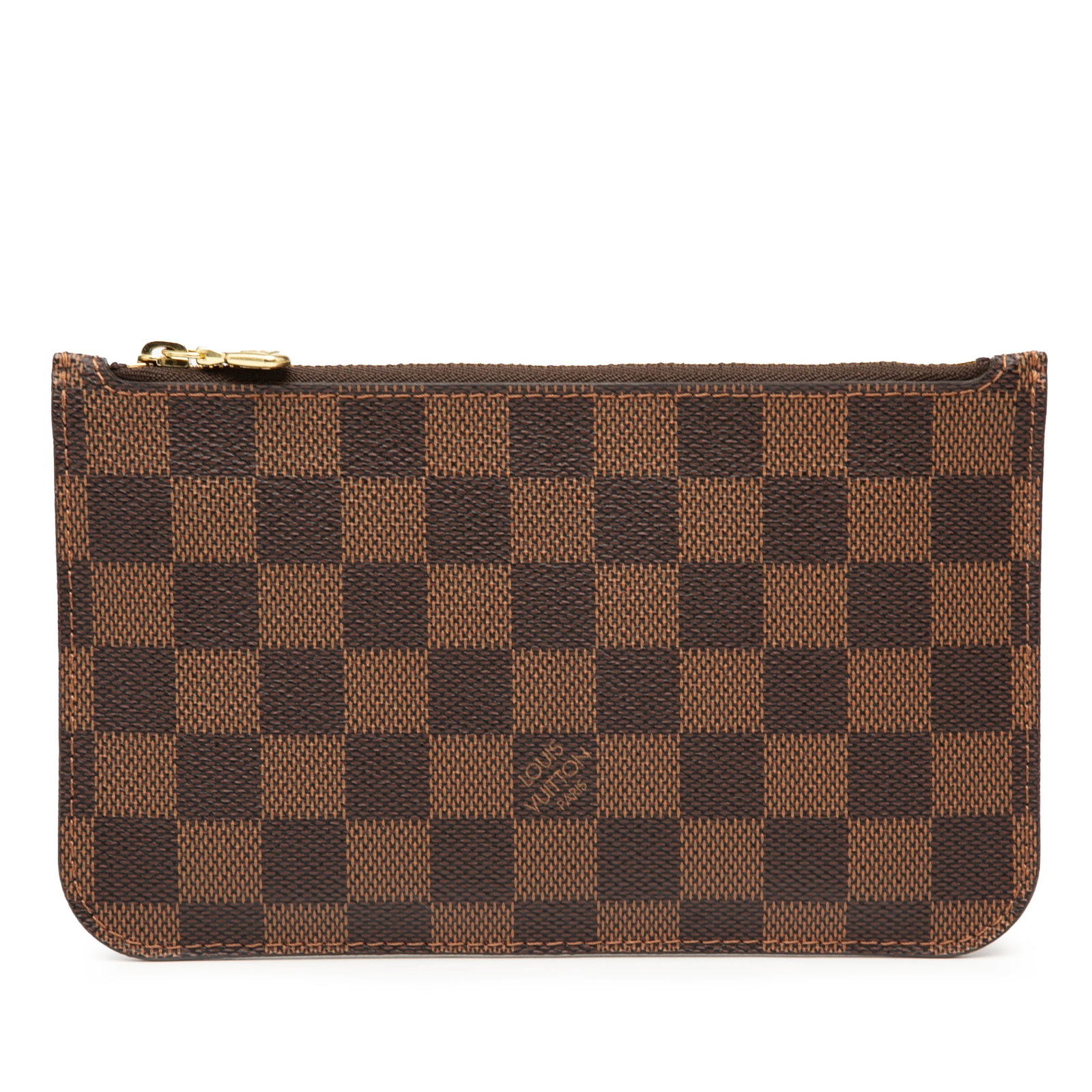 Neverfull PM Damier Ebene Canvas Pouch by Louis Vuitton: Neverfull PM Damier Ebene Canvas Pouch by Louis Vuitton This Louis Vuitton Damier Ebene Neverfull PM Pouch features the signature damier ebene canvas exterior, a top zip closure, and an interior slip 