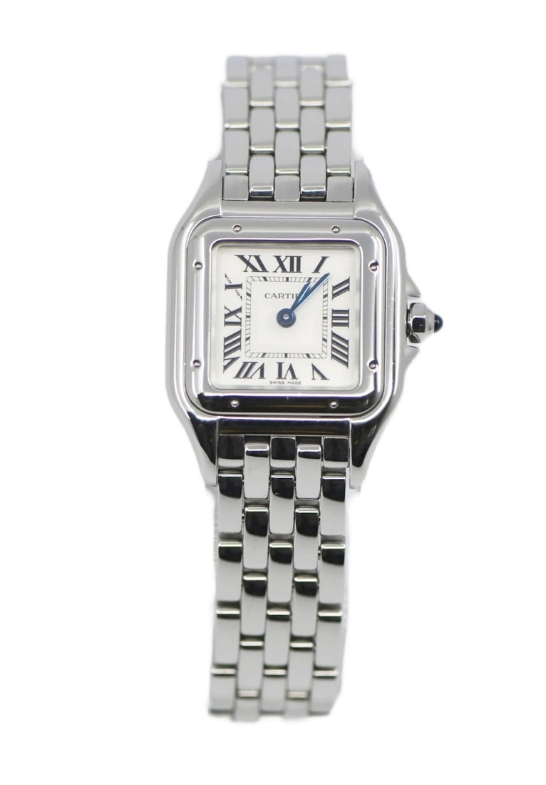 Cartier Panthere WSPN0006 womens stainless steel bracelet watch: Cartier Panthere WSPN0006 womens stainless steel bracelet watch A pre-owned Cartier Panthere wristwatch in stainless steel with a polished silver case and silver bracelet. It features a silver dial wi