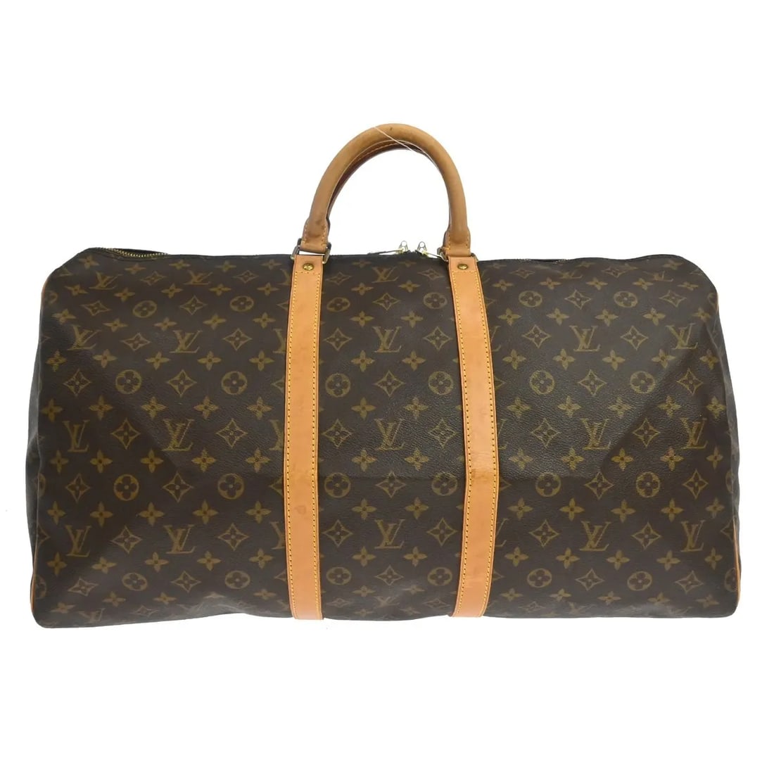 Louis Vuitton Keepall Unisex Brown Canvas Travel Bag: Louis Vuitton Keepall Unisex Brown Canvas Travel Bag Louis Vuitton Keepall in brown monogram canvas. This unisex travel bag is in good condition with visible wear from use. The exterior shows dirt, cr