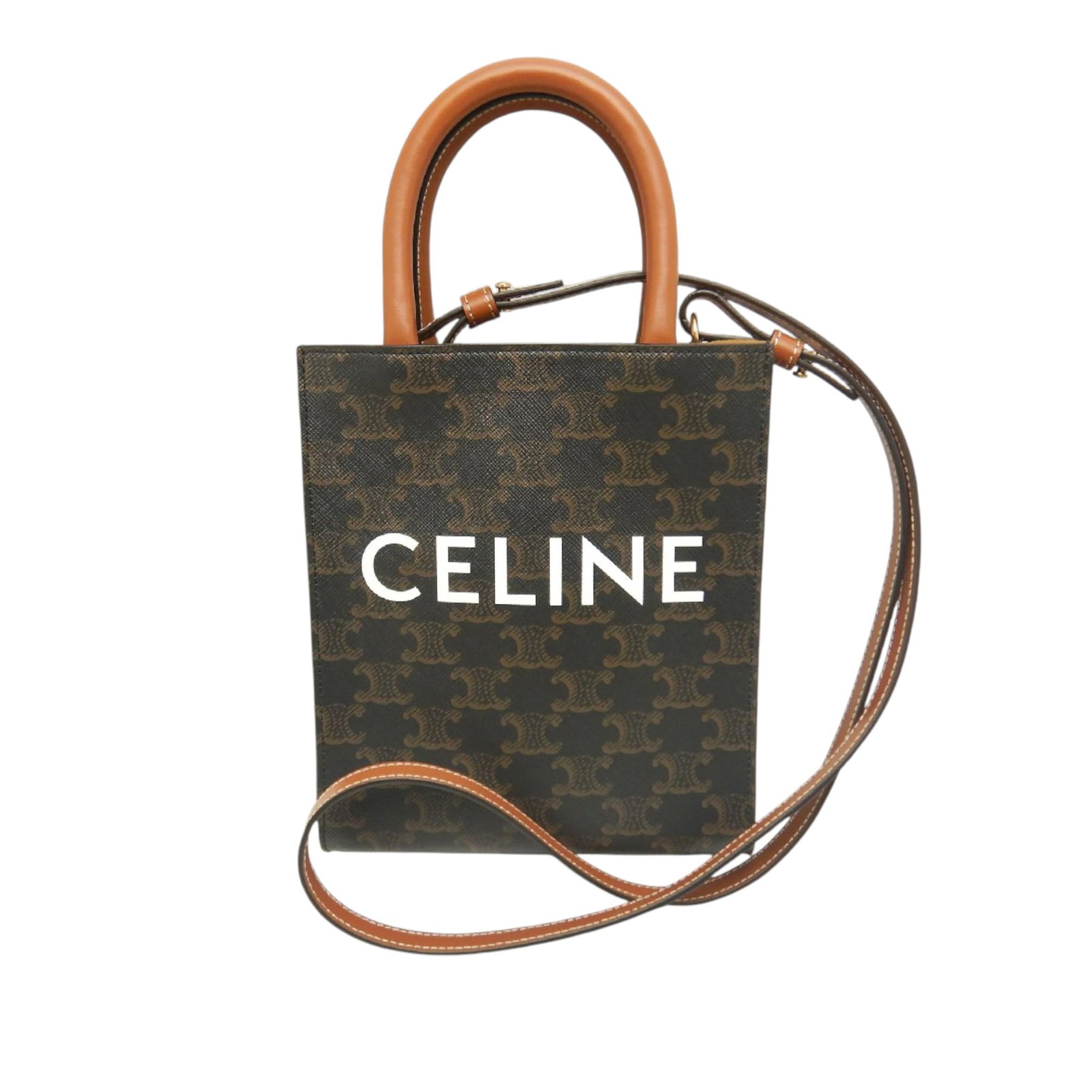 Celine Vertical Cabas Mini Triomphe Satchel in Coated Canvas: Celine Vertical Cabas Mini Triomphe Satchel in Coated Canvas A Celine Mini Triomphe Vertical Cabas satchel in brown, featuring a coated canvas body, rolled leather handles, a detachable flat leather s
